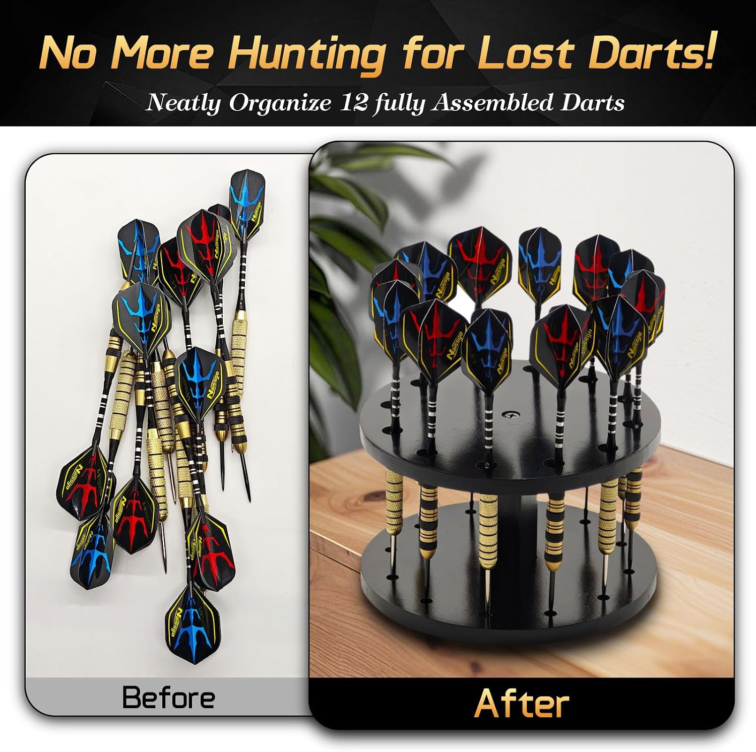 Wooden Dart Holder Stand for Desk or Shelf – Holds 12 Fully Assembled Steel or Soft Tip Darts – Compact Tabletop