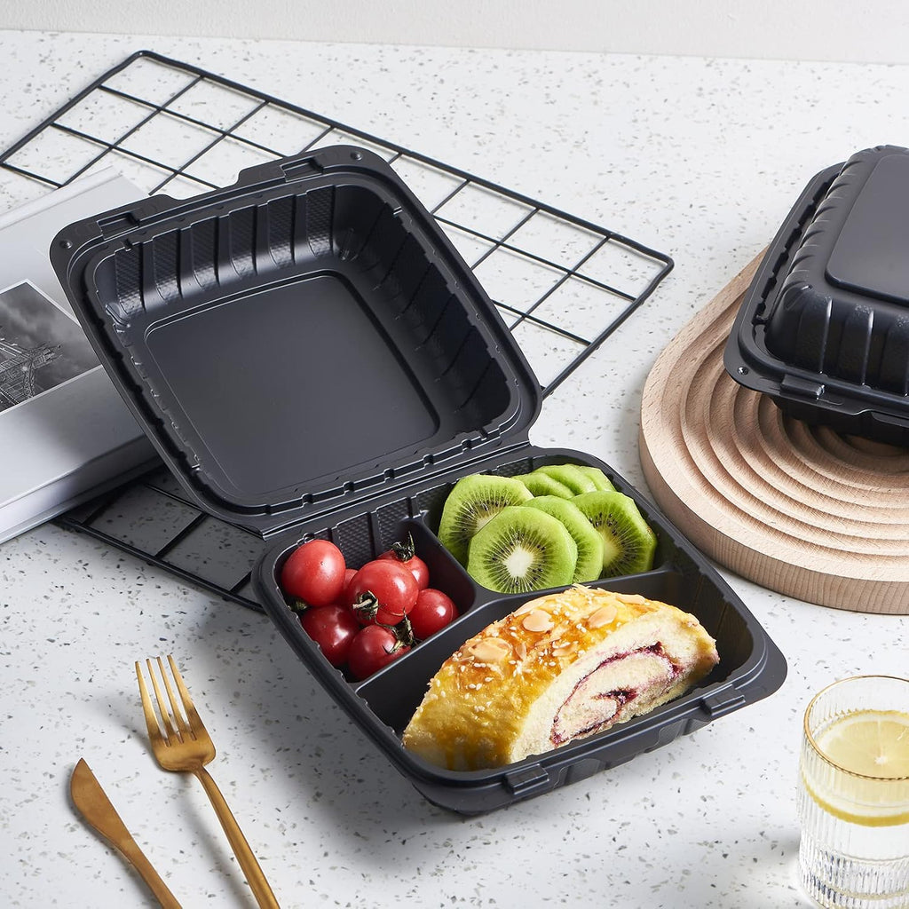 8X8" 3-Compartment 50-Pack Plastic Clamshell Takeout Food Trays Heavy Duty Togo Disposable Box For Pasta Salad