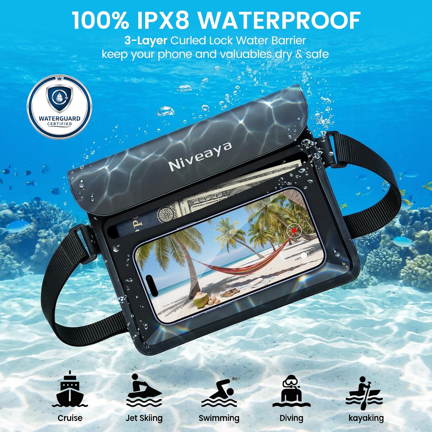 IPX8 Waterproof Fanny Pack, Waterproof Pouch Dry Belt Bag for Beach, Kayaking, Swimming, Boat Travel Cruise