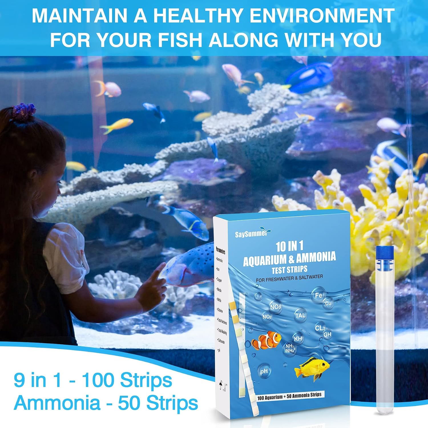 10 in 1 Ammonia Test Kit for Aquarium, 150ct Aquarium Ammonia Test Strips Freshwater Saltwater, Fish Tank Aquarium