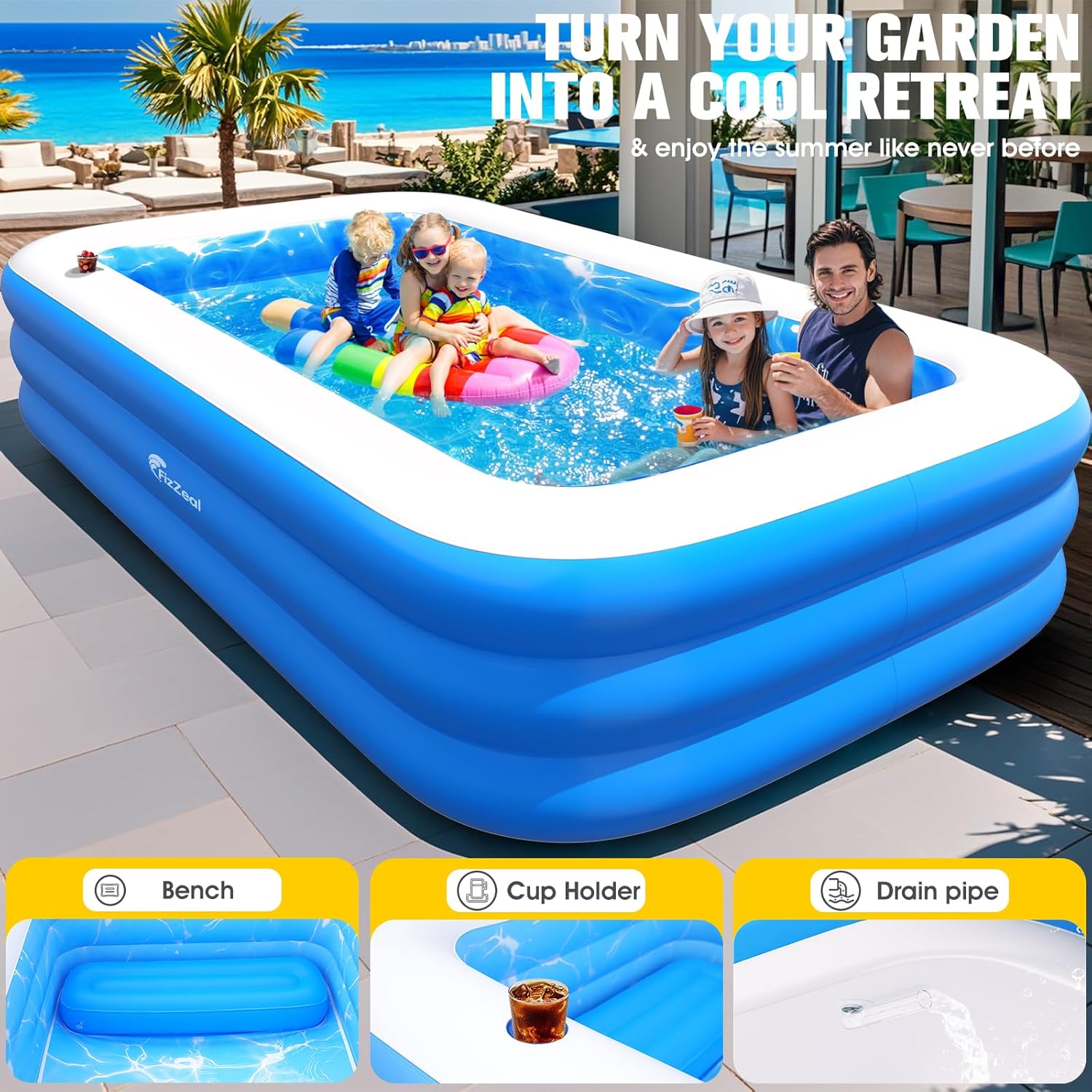 Inflatable Pool with Pool Lights and Seat, Durable Thickened Large Size Family Inflatable Pools for Adults Blow Up