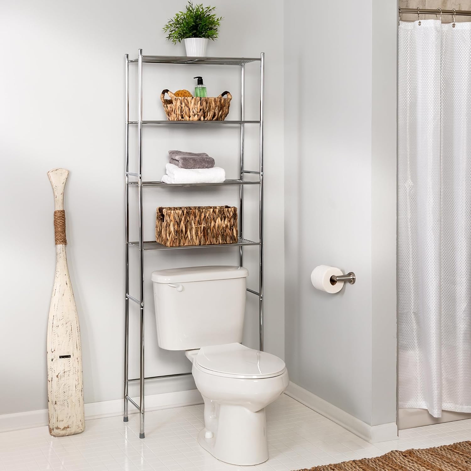 4-Tier Over-The-Toilet Storage Shelf - Space-Saving Steel Bathroom Restroom Organizer with Neutral Chrome Finish
