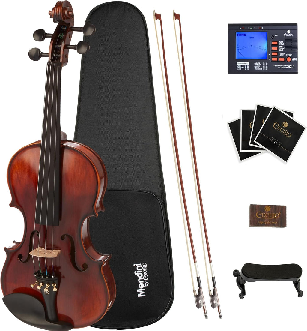 4/4 Violin For Beginners, Black Solid Wood - Flamed Acoustic Violins Set with Case, Tuner, Shoulder Rest, Bow, Rosin