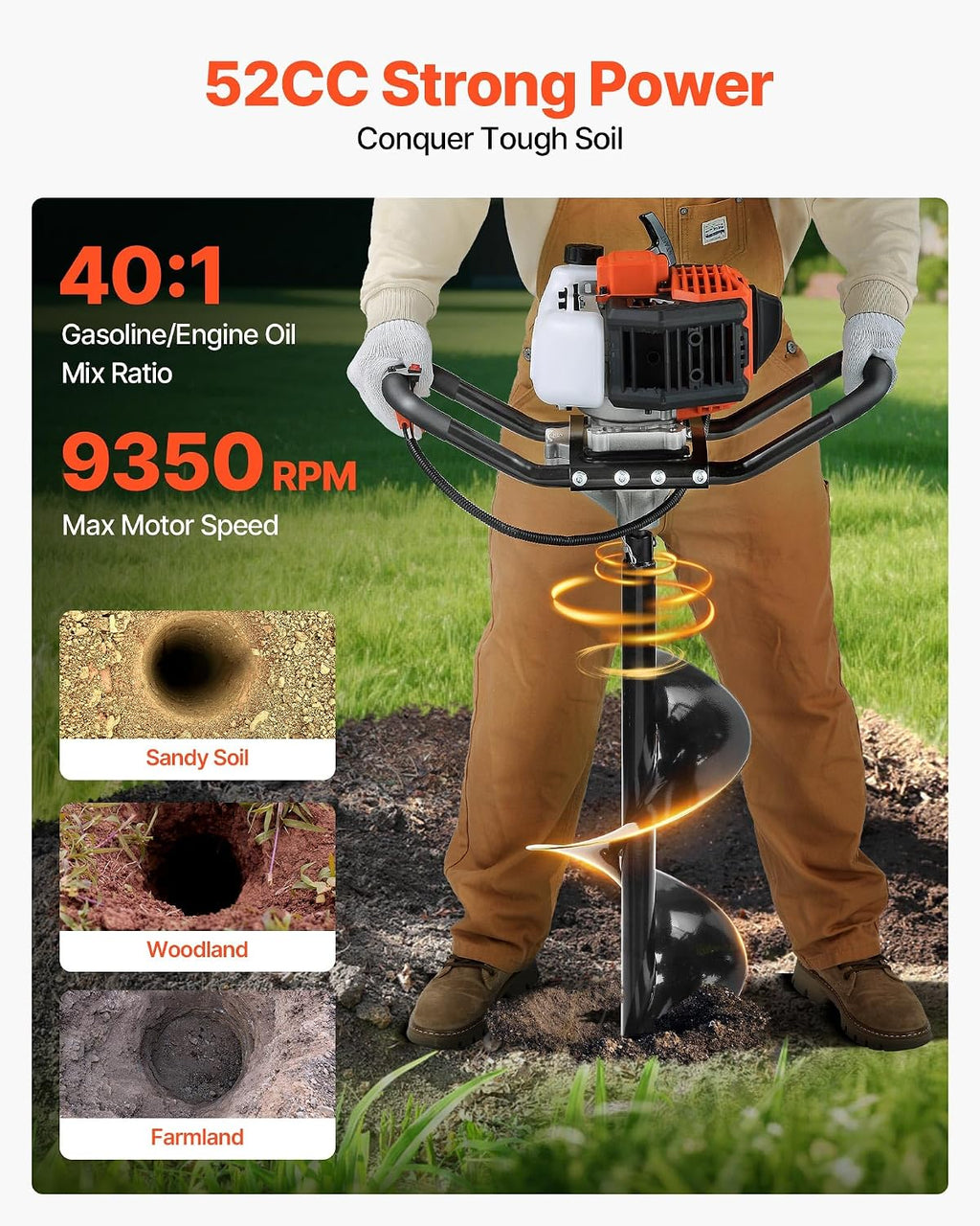 Gas Powered Post Hole Digger, 52cc Post Hole Auger with 6" & 10" Bits, 3 Extension Rods, 1450W Heavy-Duty Earth Auger