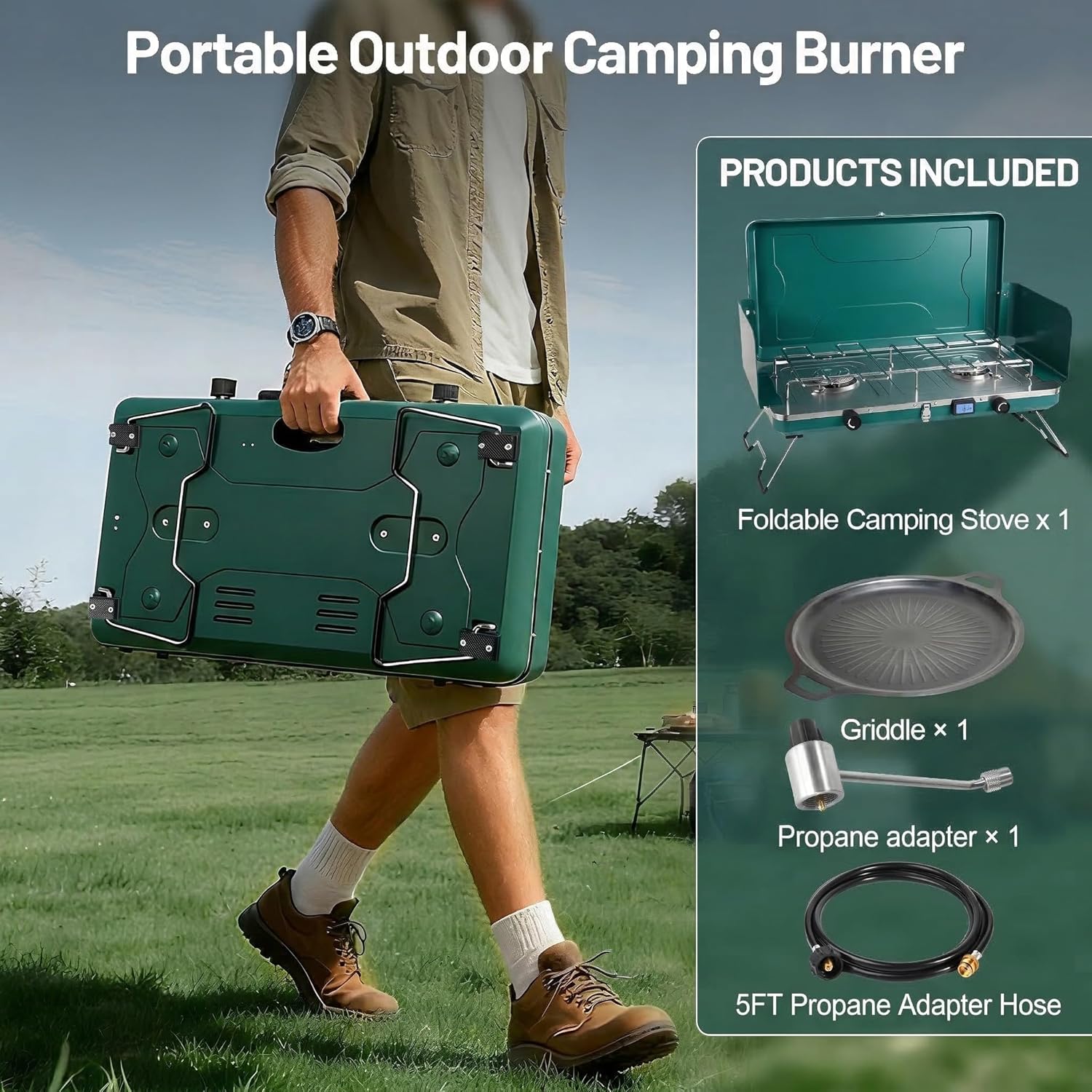 2 Burner Propane Stove, 20000BTU Portable Camping Stove with 2 Adjustable Burner and Wind Guards, Camping Cooktop