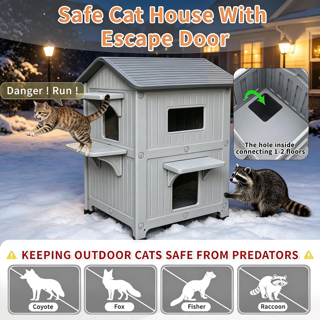 Heated Cat House for Outside in Winter with Escape Door