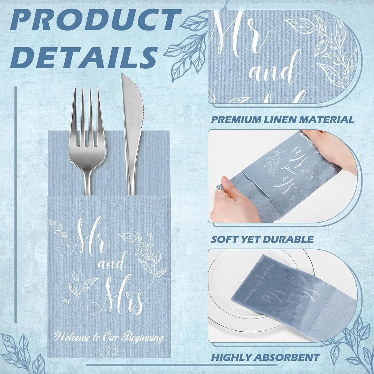 100 Pcs Linen Feel Napkins Disposable, Blue Mr and Mrs