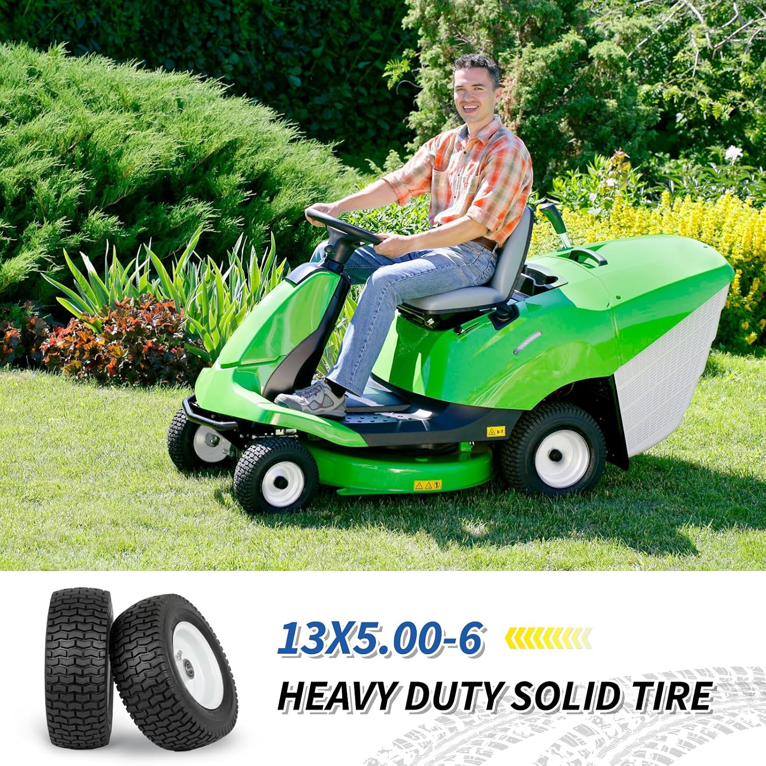 13x5.00-6 Flat Free Lawn Mower Tire and Wheel, 13x5-6 Riding Lawnmower Tire with 3" Centered Hub and 3/4" & 5/8"