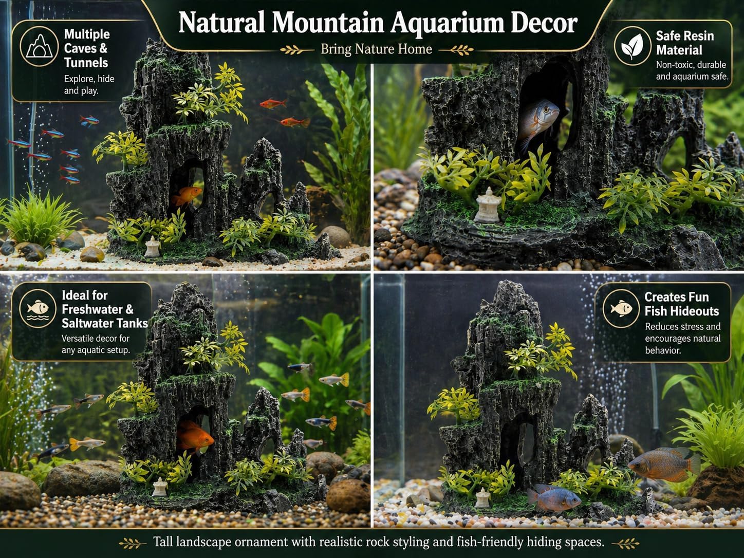 Large Aquarium Decorations and Tall Aquarium Decor for Fish Tank Decorations Artificial Mountain View Ornament Tall