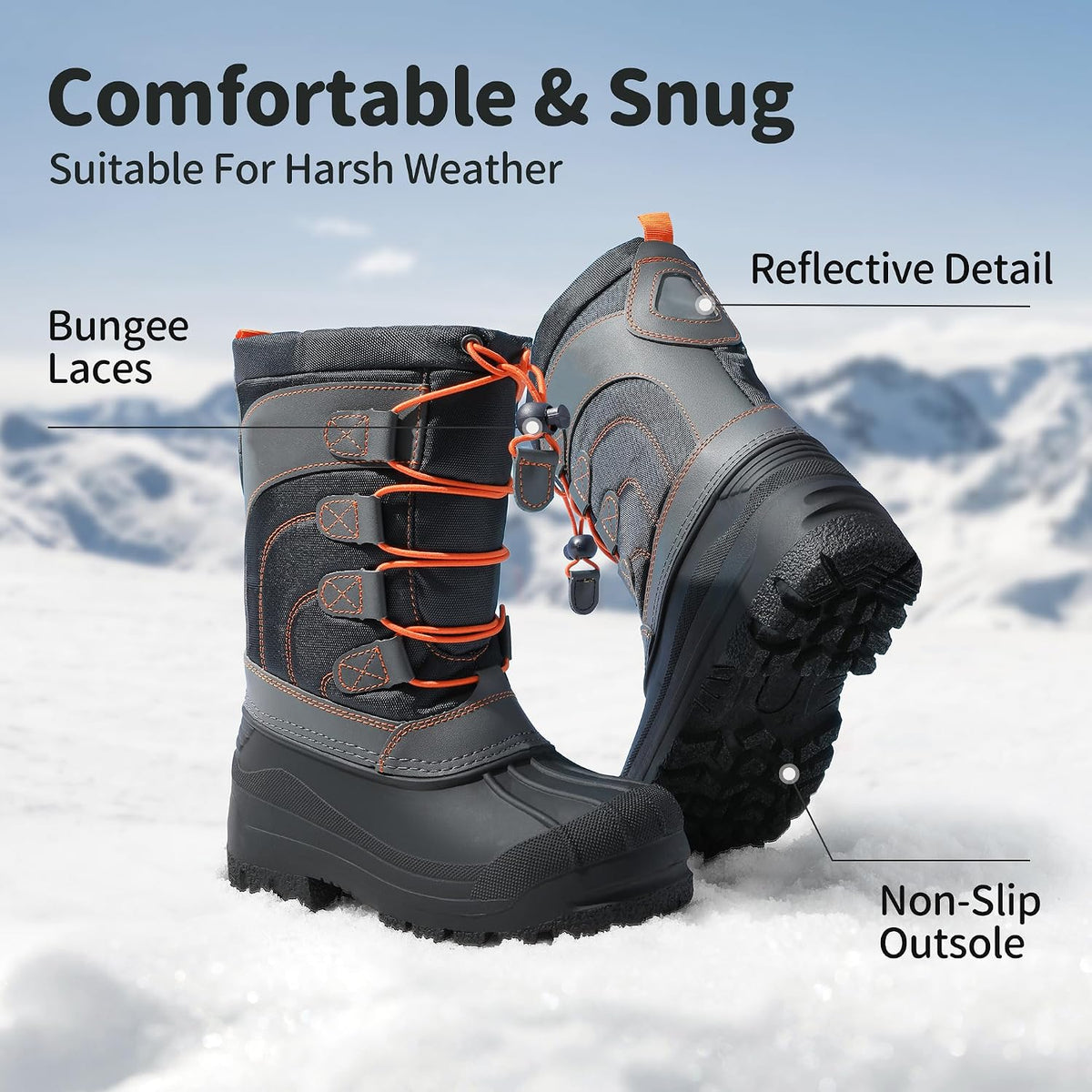 Unisex Snow Waterproof Winter Boots | Warm Faux Fur Lined Outdoor Secure Grip Anti Slip Outsole Easy Wear Windproof