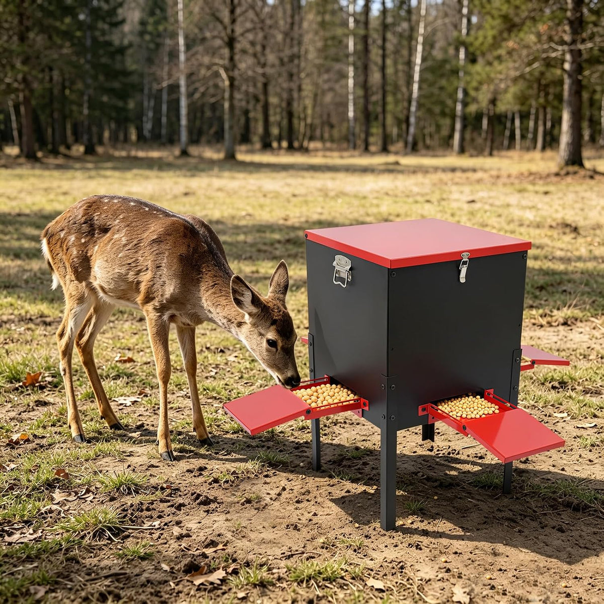 Deer Feeder with 4 Feeding Trays, 100 LBS Gravity Deer Feeder/Red