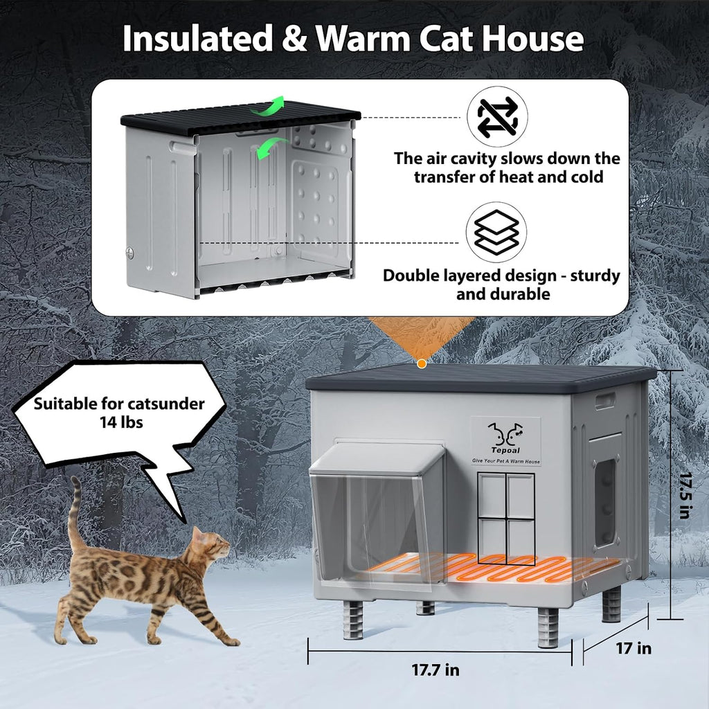 Indestructible Heated Cat House for Outdoor Cats in Winter, 100% Waterproof & Weatherproof Heated Cat House for