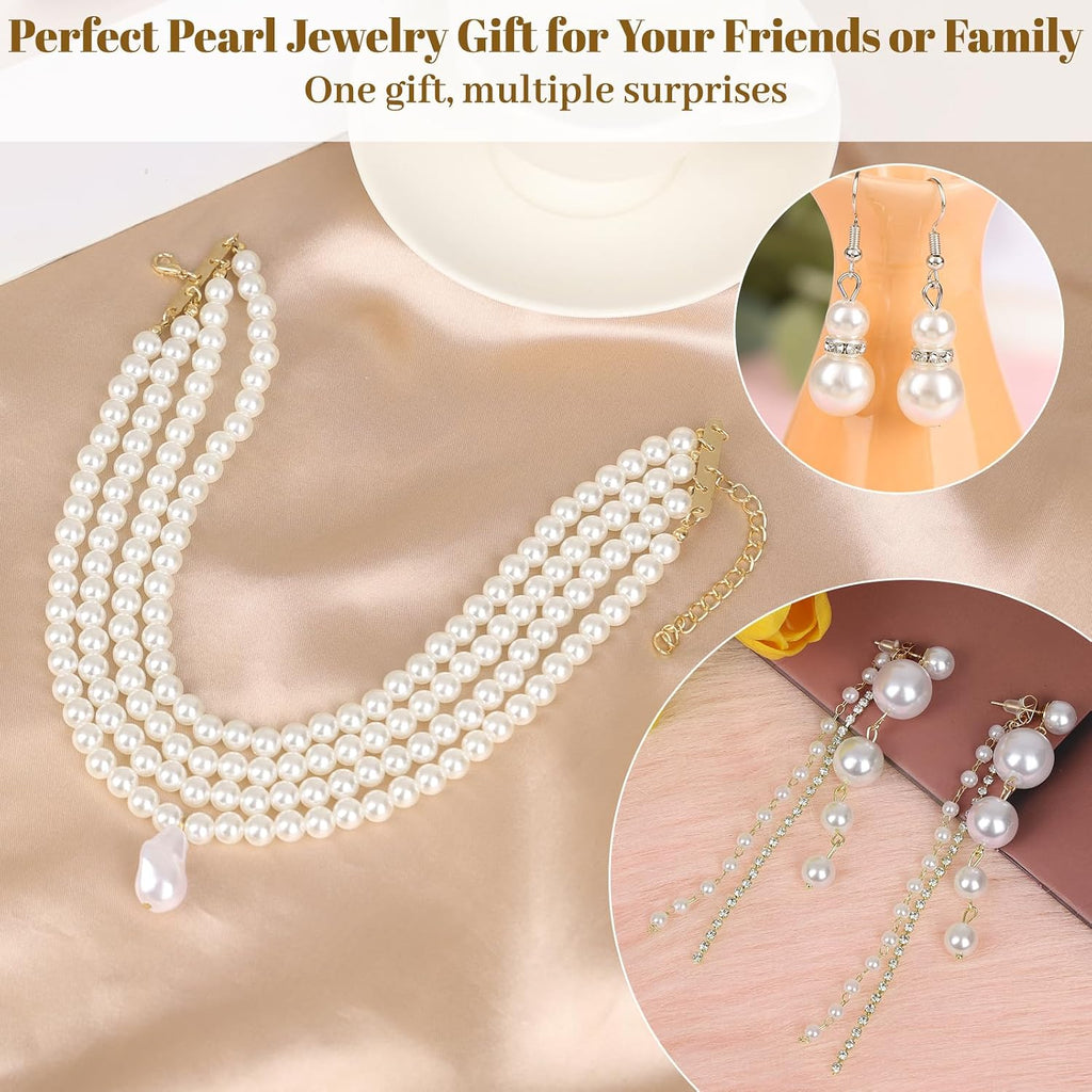16 Pcs Pearl Jewelry Set with Necklace, Earrings and Bracelets, Pearl Necklaces for Women, Faux Pearls Set Jewelry