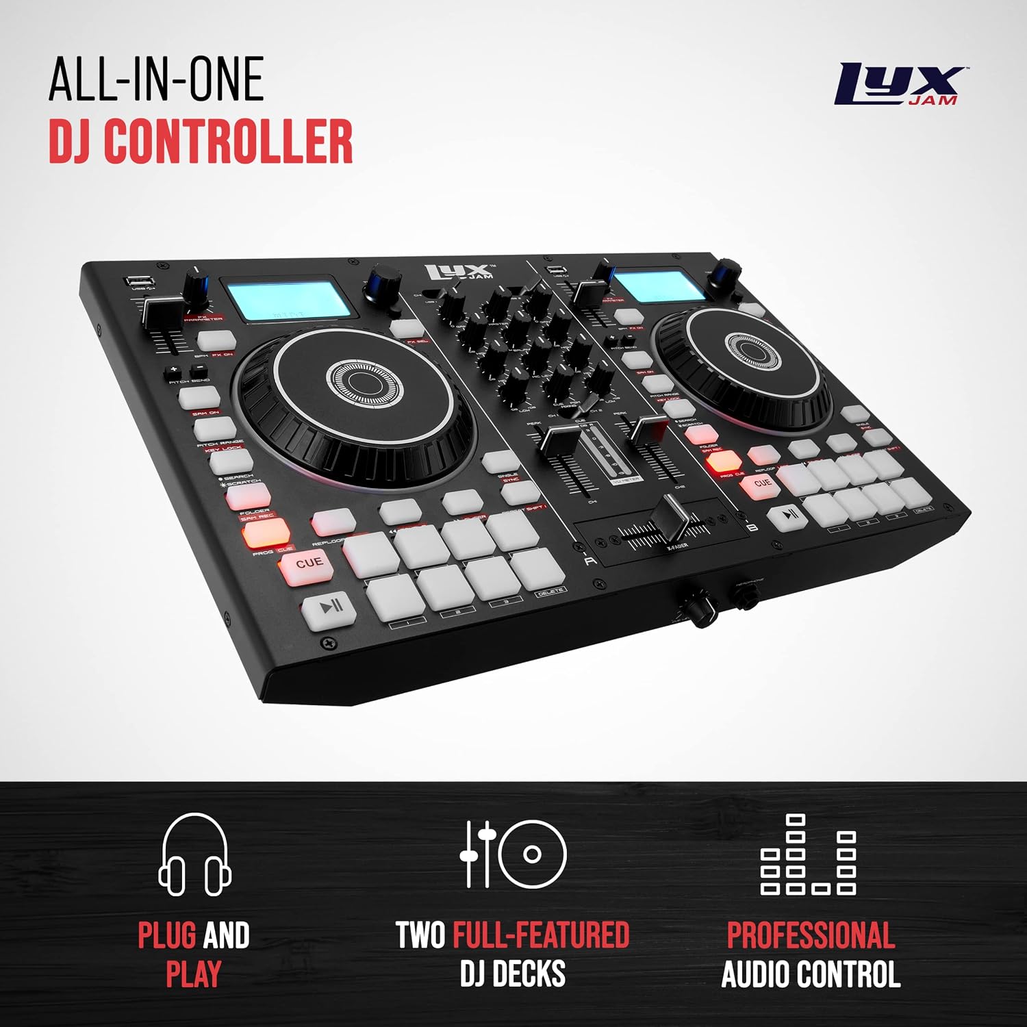 2-Deck Portable DJ Controller, Mixing Console with LCD Display | Manual Looping, USB, MIC Input, Record Output, 16