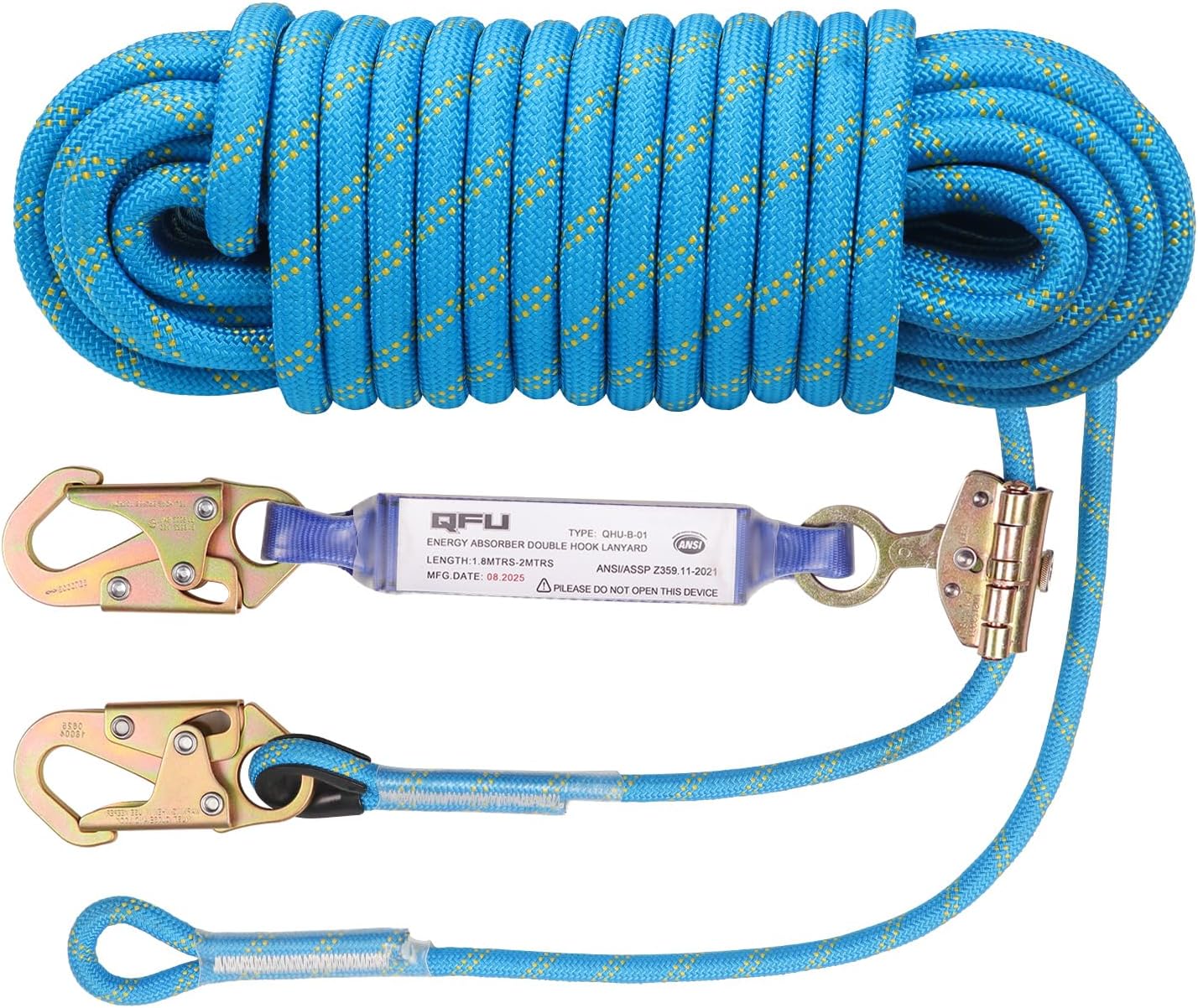 Heavy Duty Fall Protection Rope for roof & tree climbing. Includes safety harness, alloy steel clips, shock-absorbing