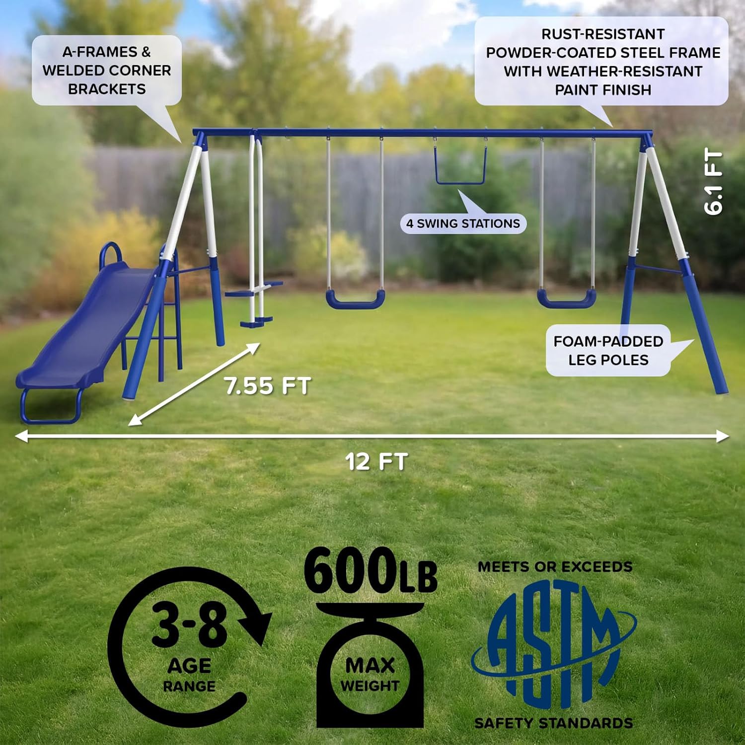 Arcadia Metal Swing Set for Kids – Trapeze, 2-Person Glider, 5ft Slide, Anchor Kit, 6.1' Durable Steel Frame –