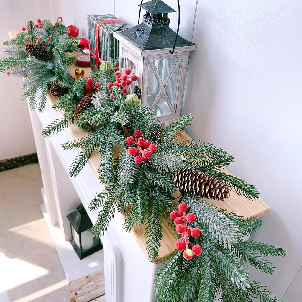 6FT Christmas Garland with Red Berries and Pinecones - Table Decor, Winter Greenery for Holiday Season Mantel