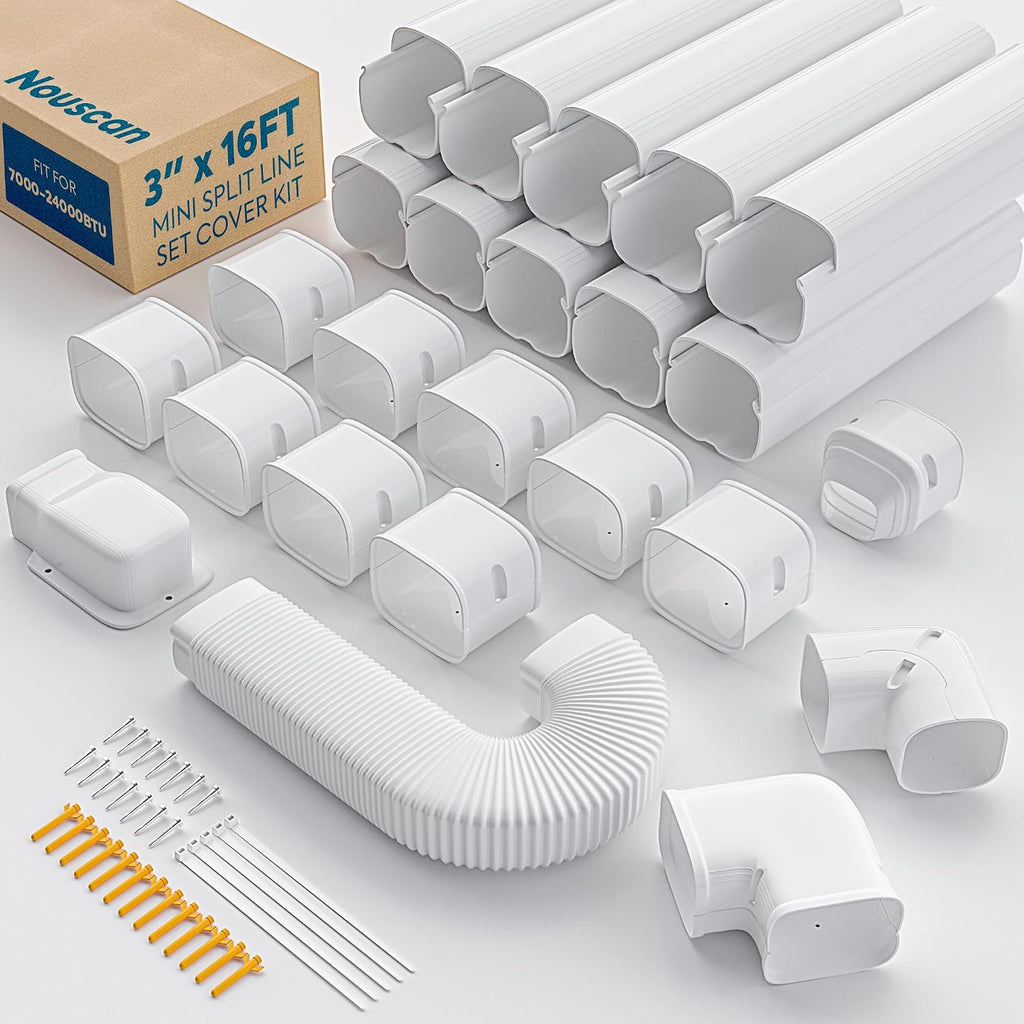 3" 16Ft Mini Split Line Set Cover, Decorative Line Hide Kit, White | Protective AC Lineset Cover with Flexible Duct