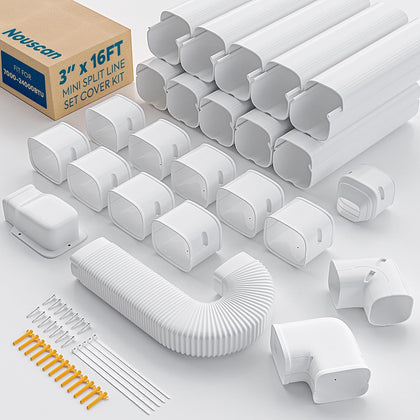 3" 16Ft Mini Split Line Set Cover, Decorative Line Hide Kit, White | Protective AC Lineset Cover with Flexible Duct