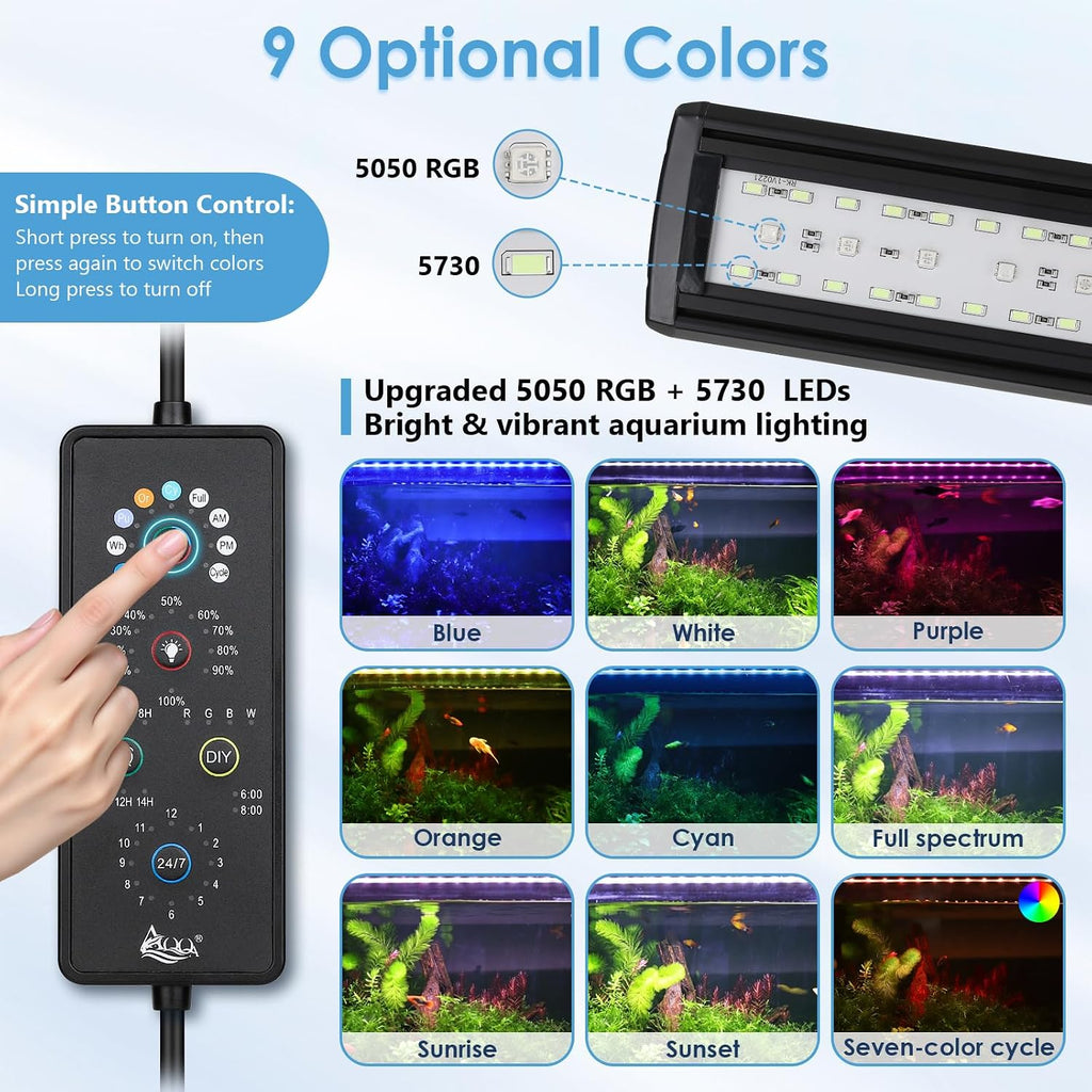 Clip On Aquarium Light for Plants Full Spectrum Fish Tank Light | 24/7 Natural Mode & DIY RGBW Mode, 6 Timer