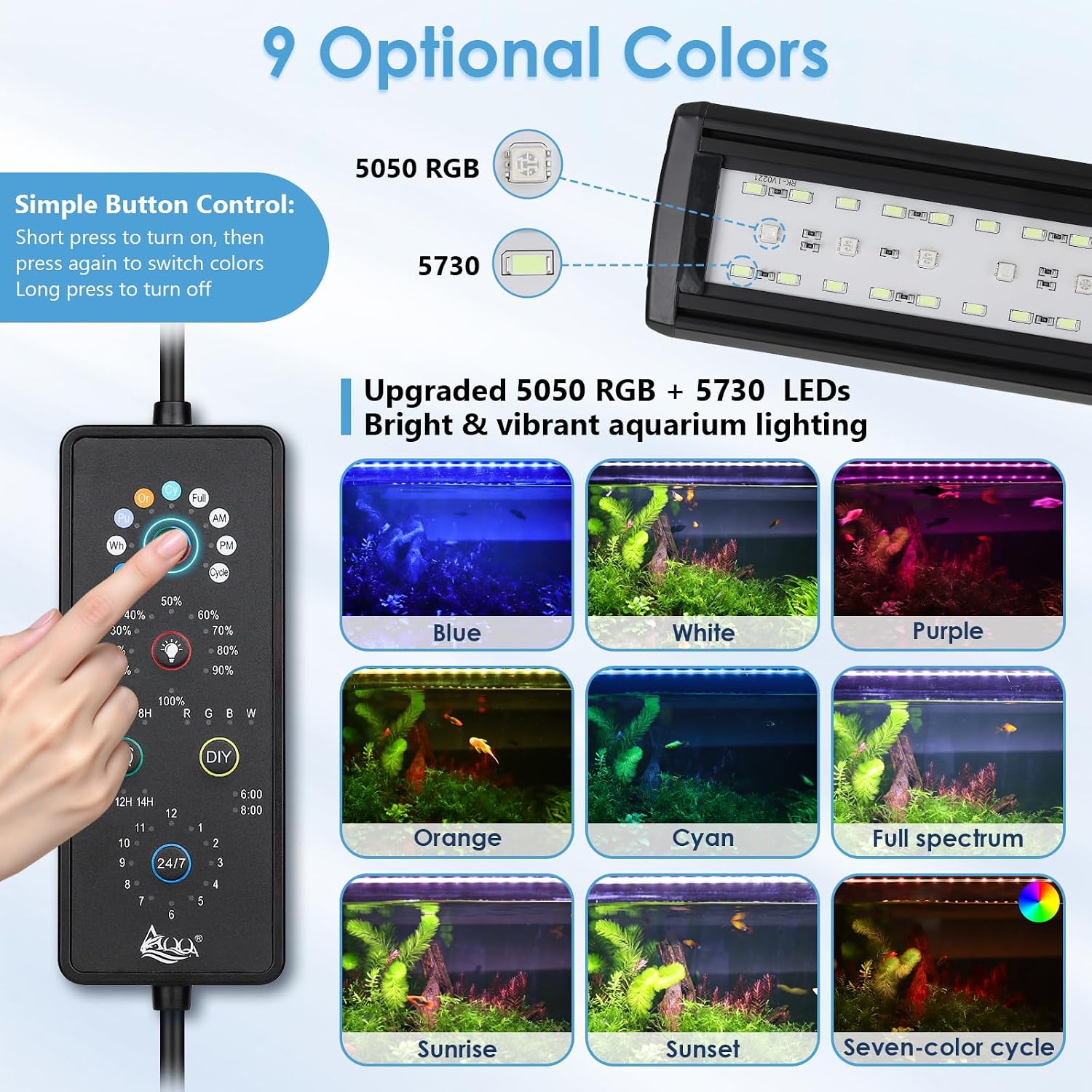 Clip On Aquarium Light for Plants Full Spectrum Fish Tank Light | 24/7 Natural Mode & DIY RGBW Mode, 6 Timer