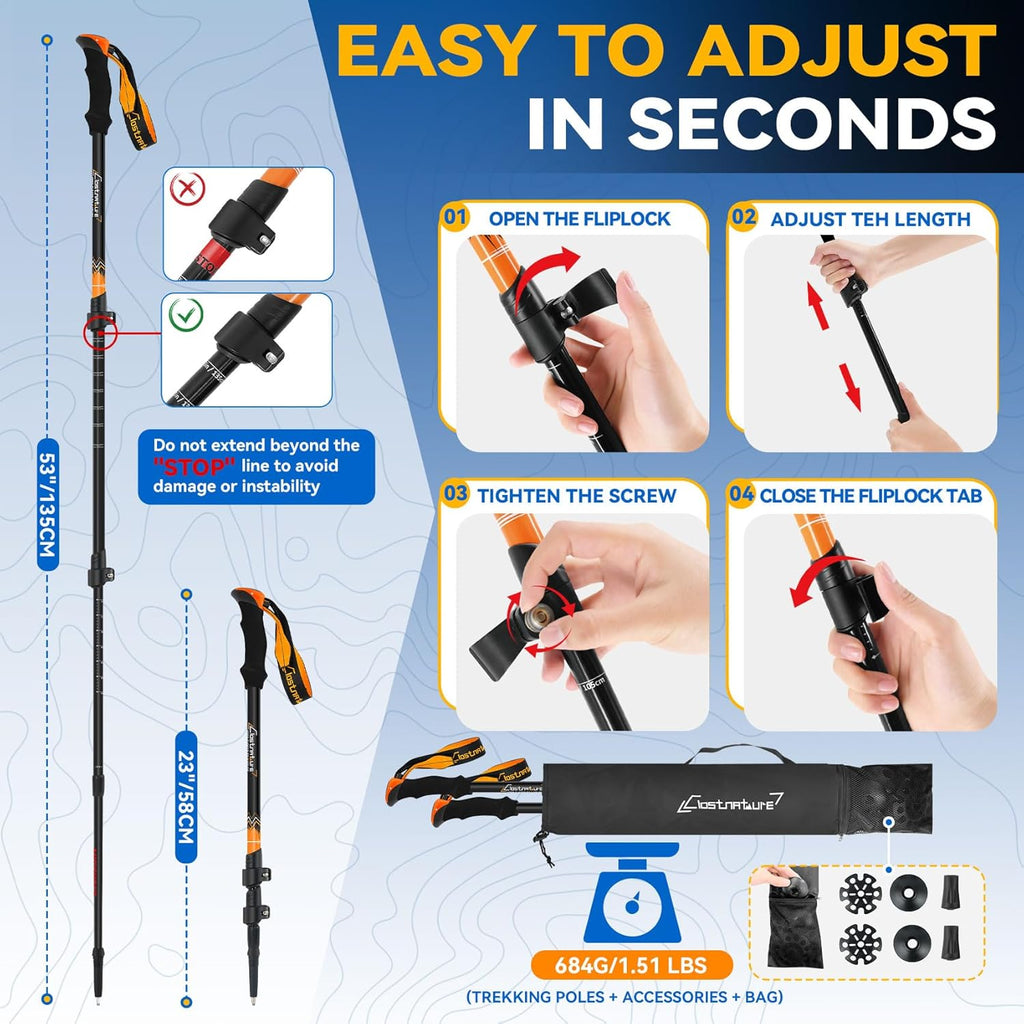 2 Pack Trekking Poles for Hiking, Lightweight Walking Sticks | Aluminum, Adjustable, Telescopic, Lightweight
