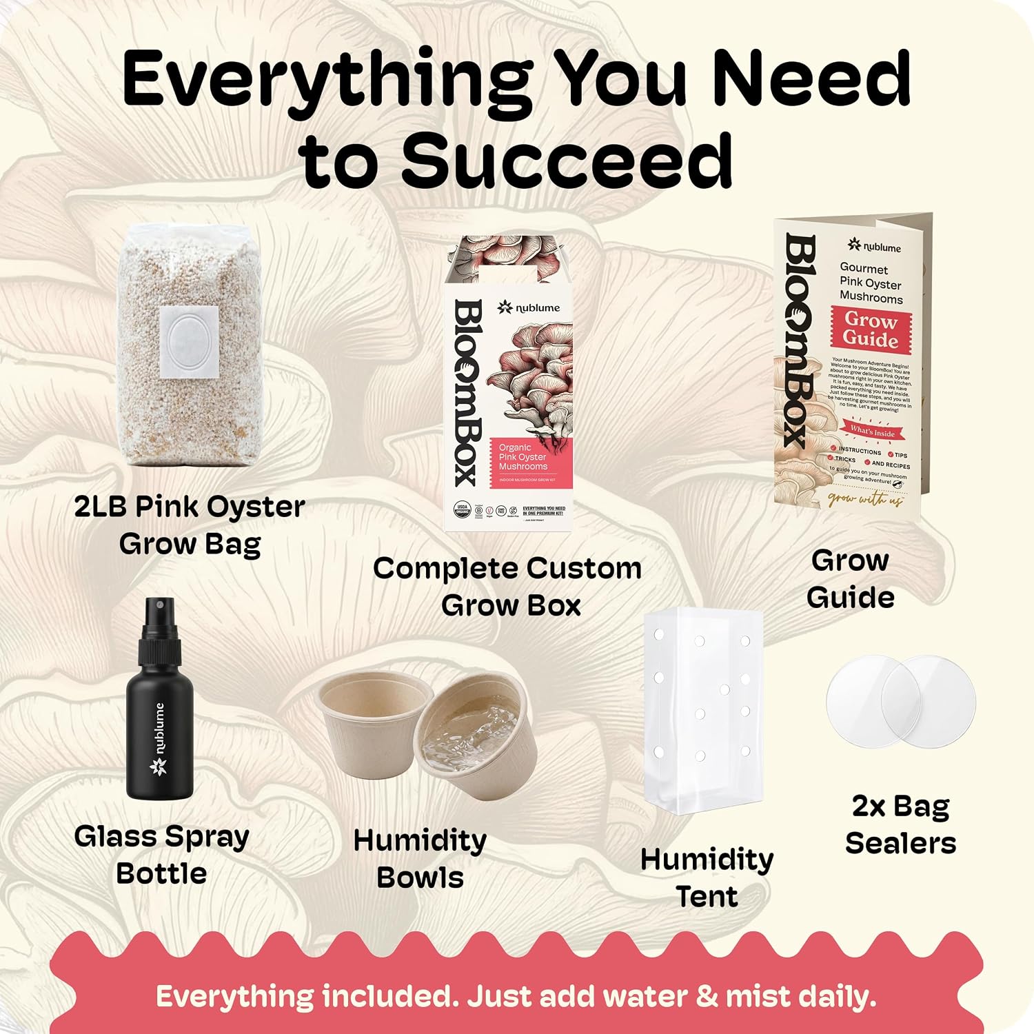BloomBox Pink Oyster Mushroom Grow Kit – Spray & Grow – Pre-Inoculated Indoor Mushroom Farm – Beginner Friendly –