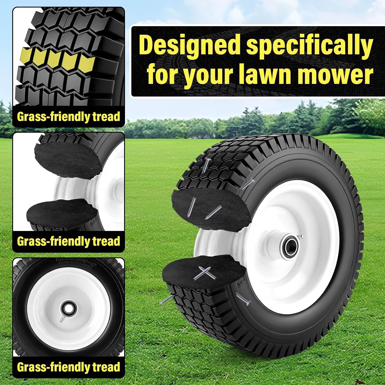 13x5.00-6 Flat Free Tire and Wheel with 3/4" & 5/8" Bearings，13x5.00-6 Lawn Mower Tires and Wheels Assembly, Fit for