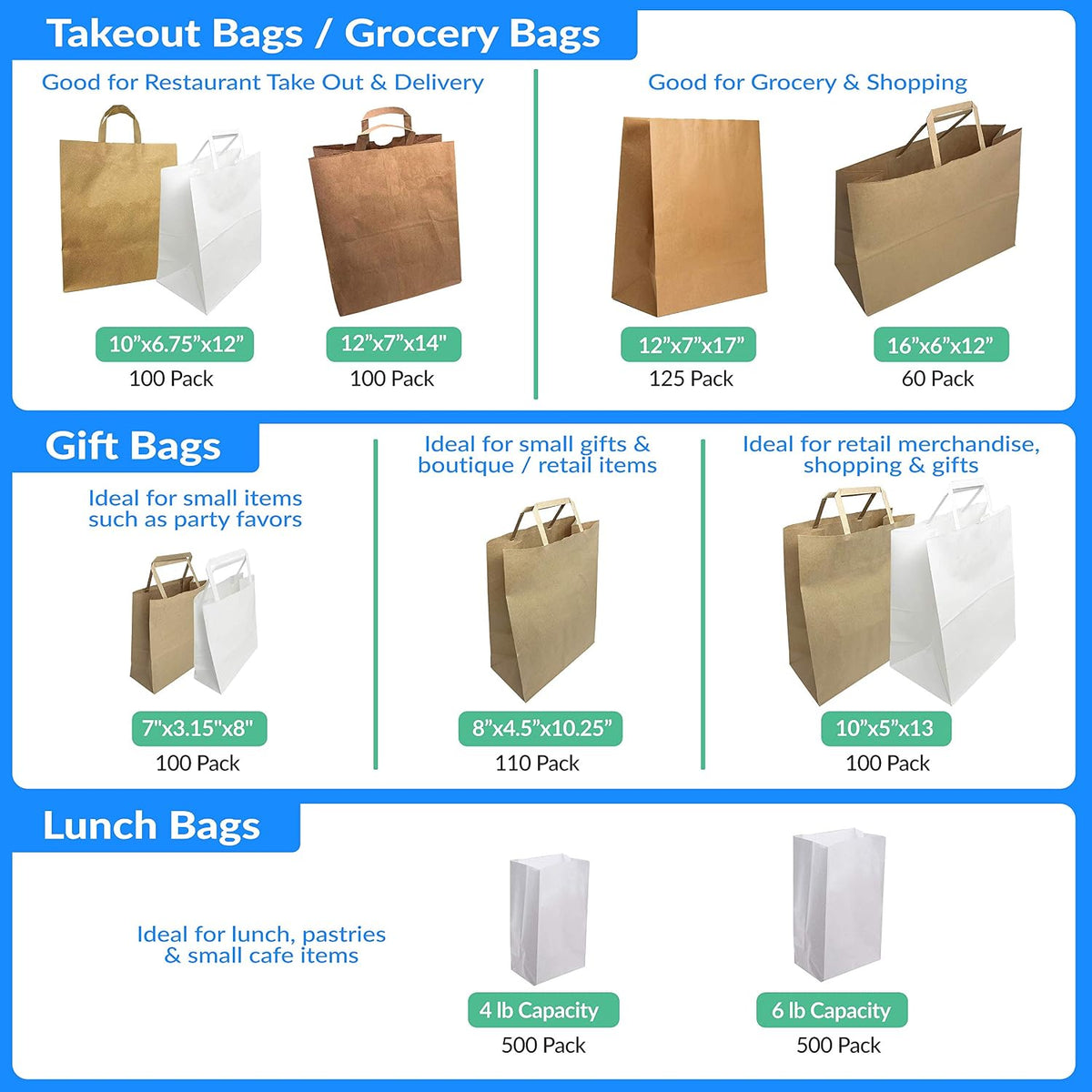 110 Pack White Paper Bags with Handles