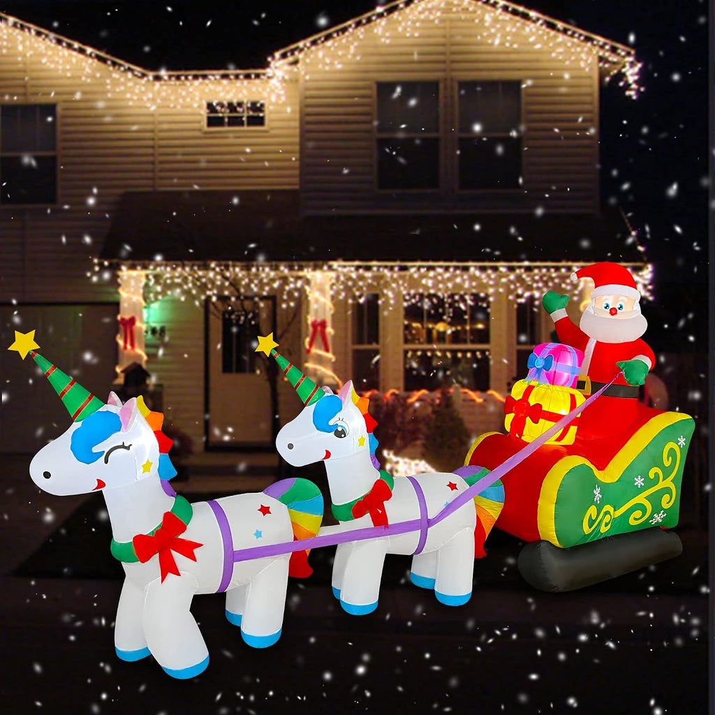 9 Ft Christmas Inflatable Santa Claus on Sleigh with 2 Unicorn Decoration LED Lighted Xmas Blow up for Yard Lawn