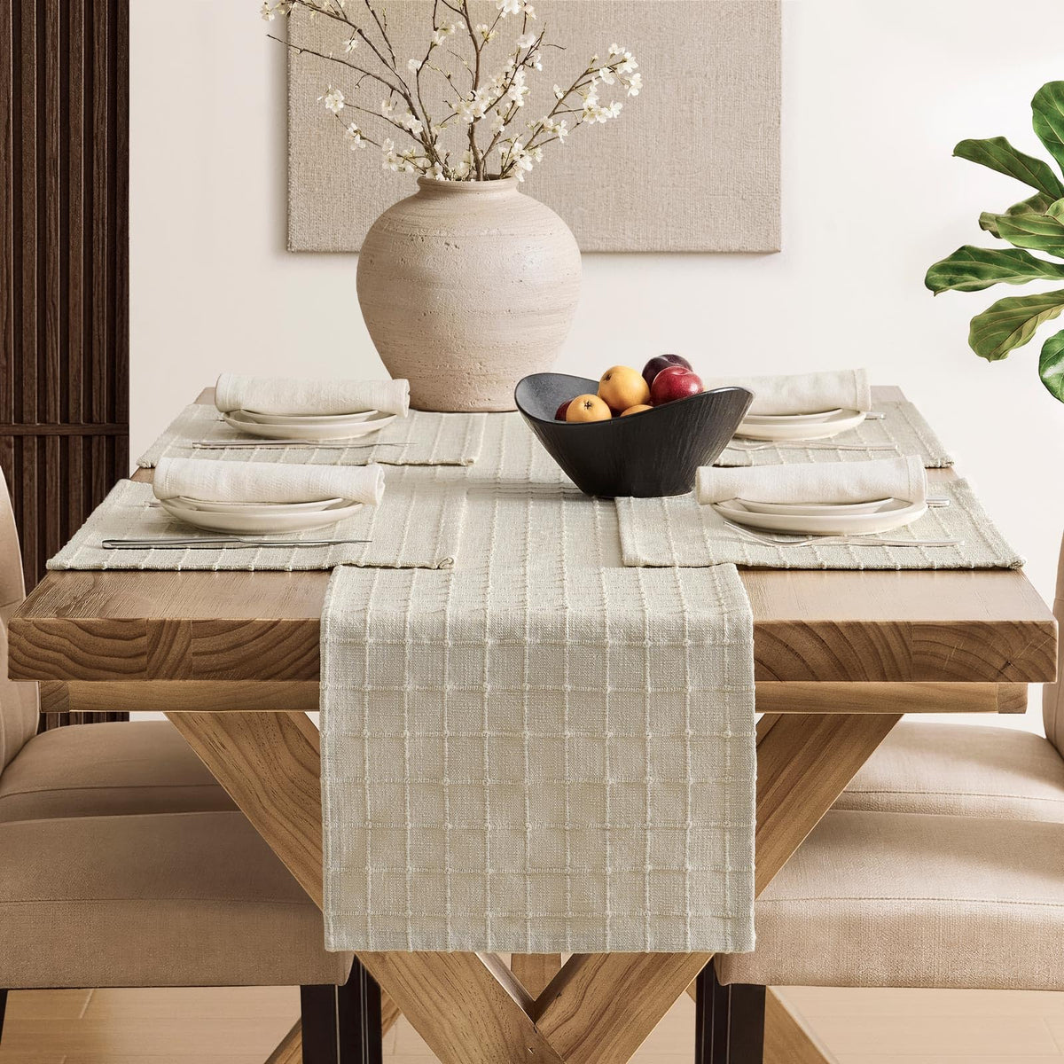 Artisanal Grid Decorative Linen Placemats Set of 6, Neutral Beige