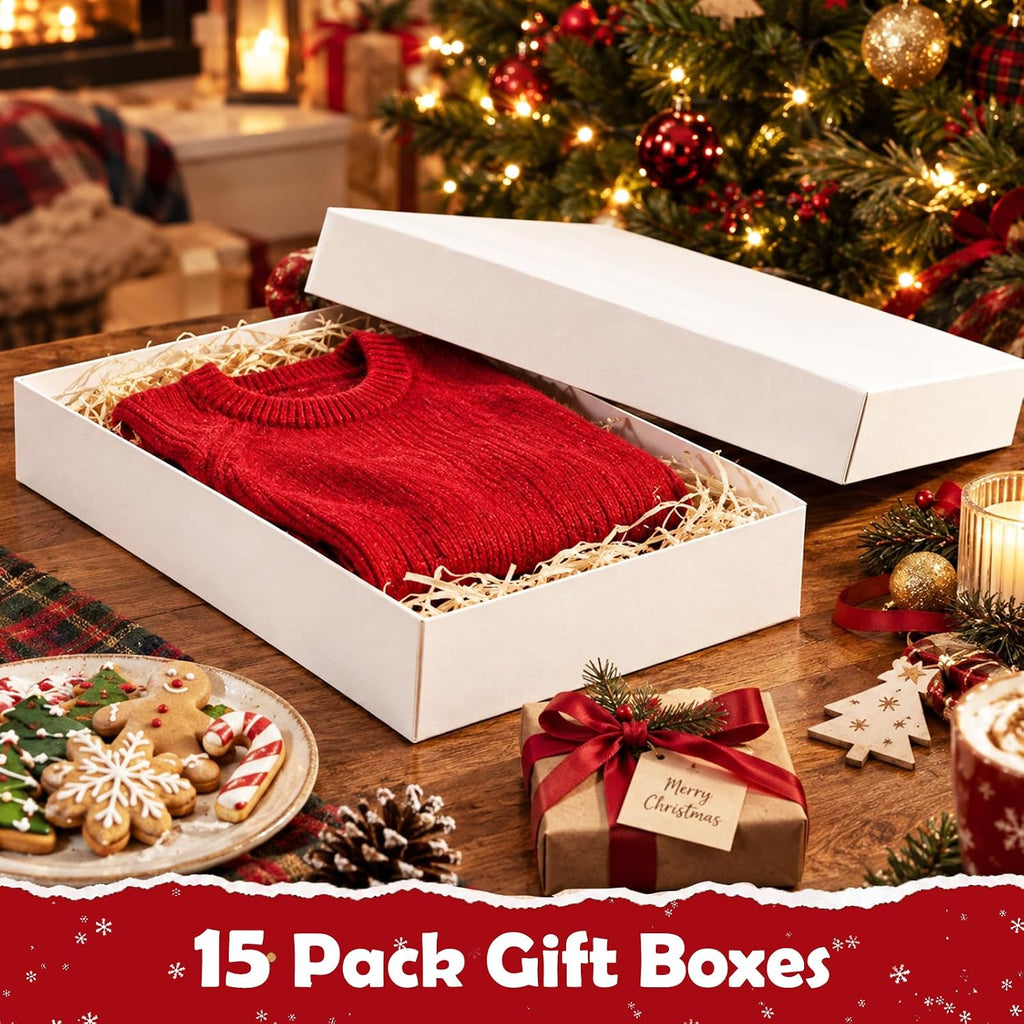 15 Pack Shirt Boxes for Presents, White Gift Boxes, 14.25x9.5x2 In
