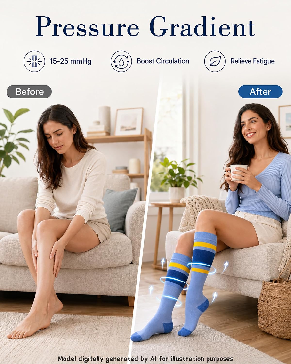 3-Pack 20-30 mmHg Cotton Compression Socks, Bright Striped