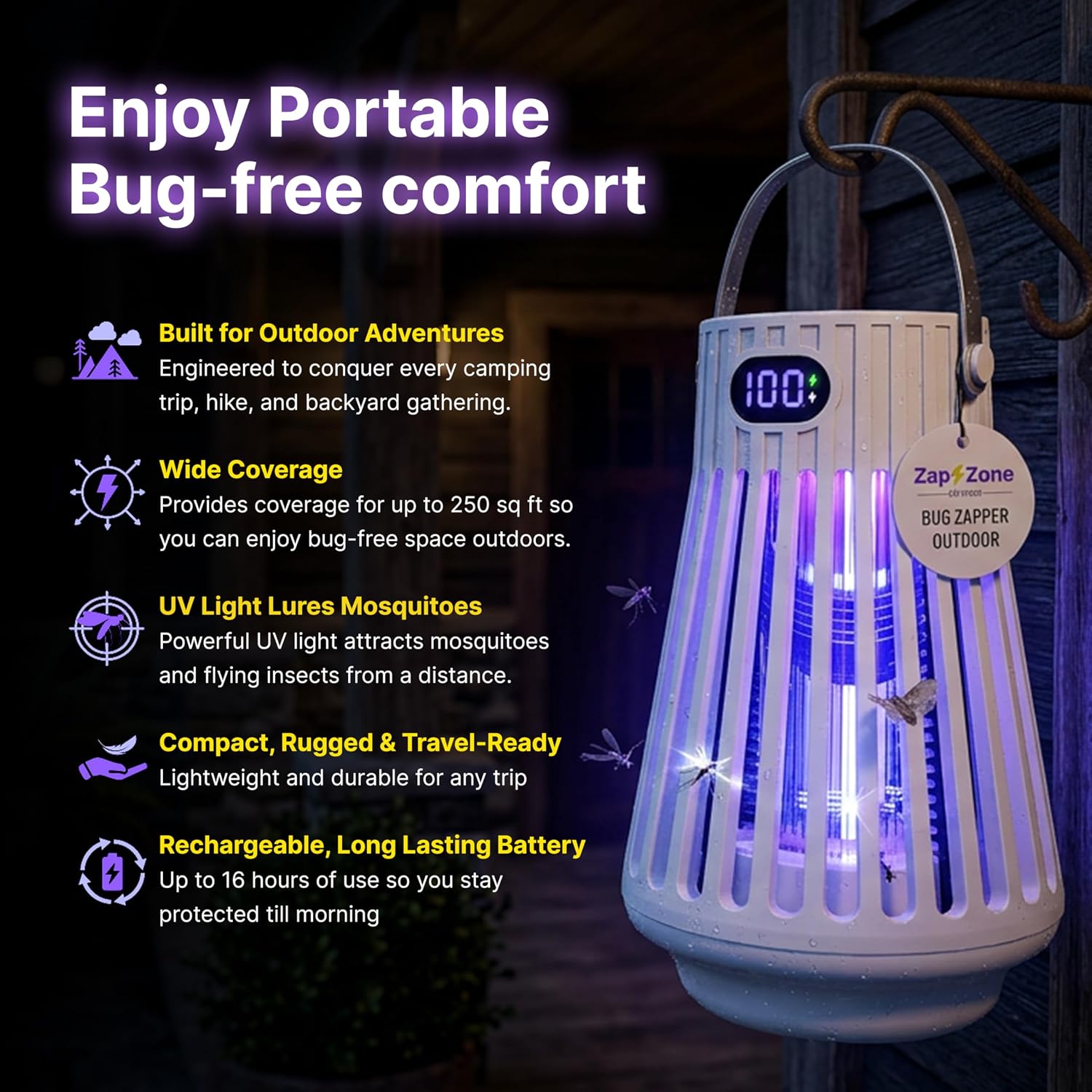 Zap Zone Defender Bug Zapper Outdoor Indoor Rechargeable Mosquito Zapper | UV Light USB-C Electric Insect Trap