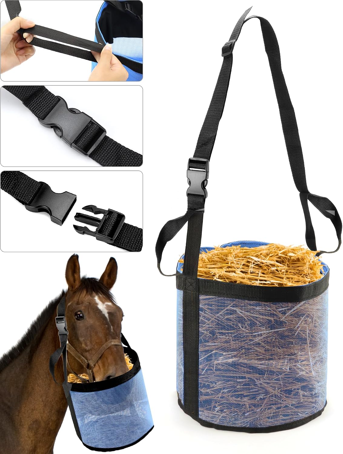 2 Pack Horse Feed Bag for Grain - Durable Mesh Grain Feeder with Adjustable Strap, Comfortable Neck and Nose Pad