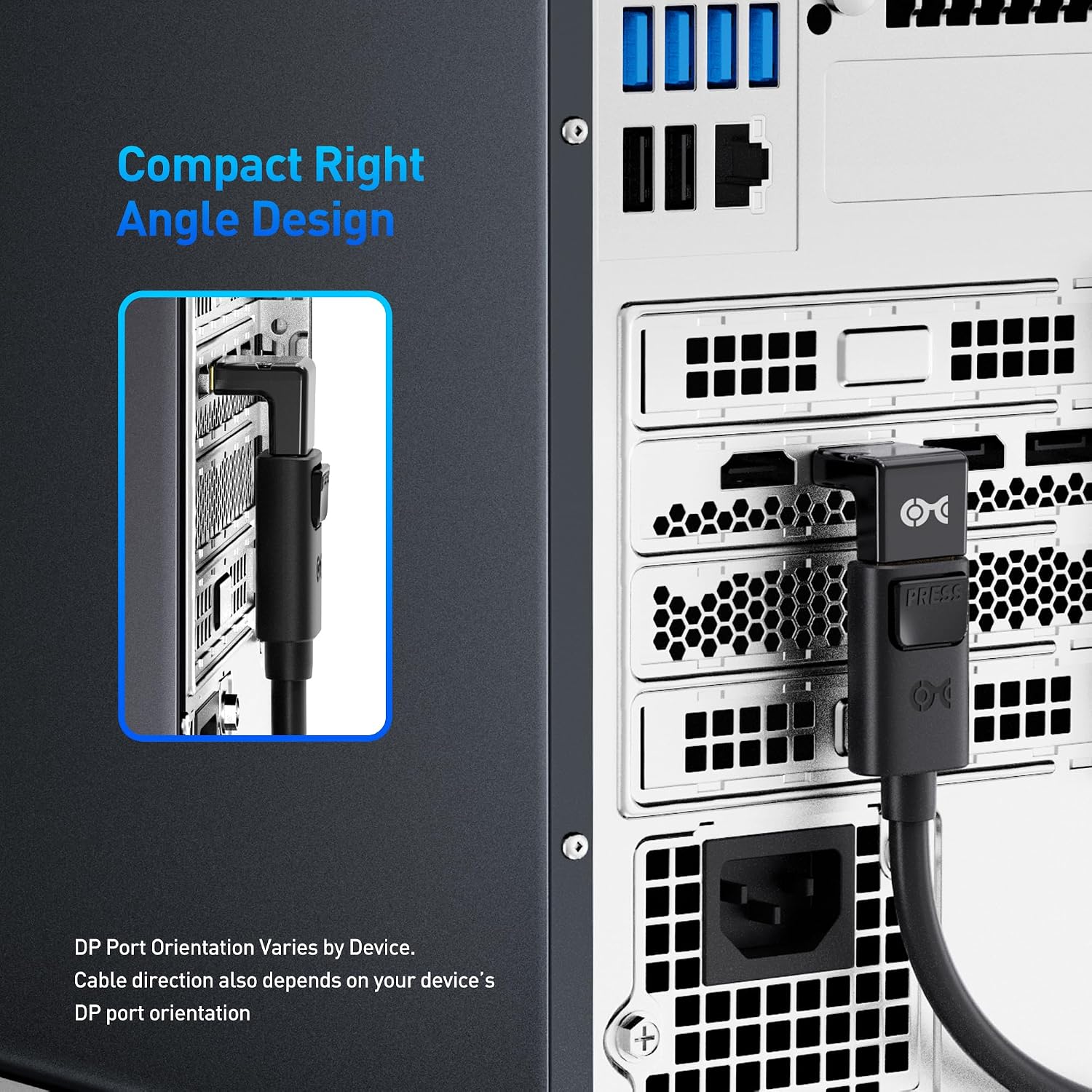 4K@240Hz Right Angle DisplayPort 1.4 Adapter, 90 Degree | 8K@60Hz, 8K DisplayPort Adapter, Black, 32.4Gbps