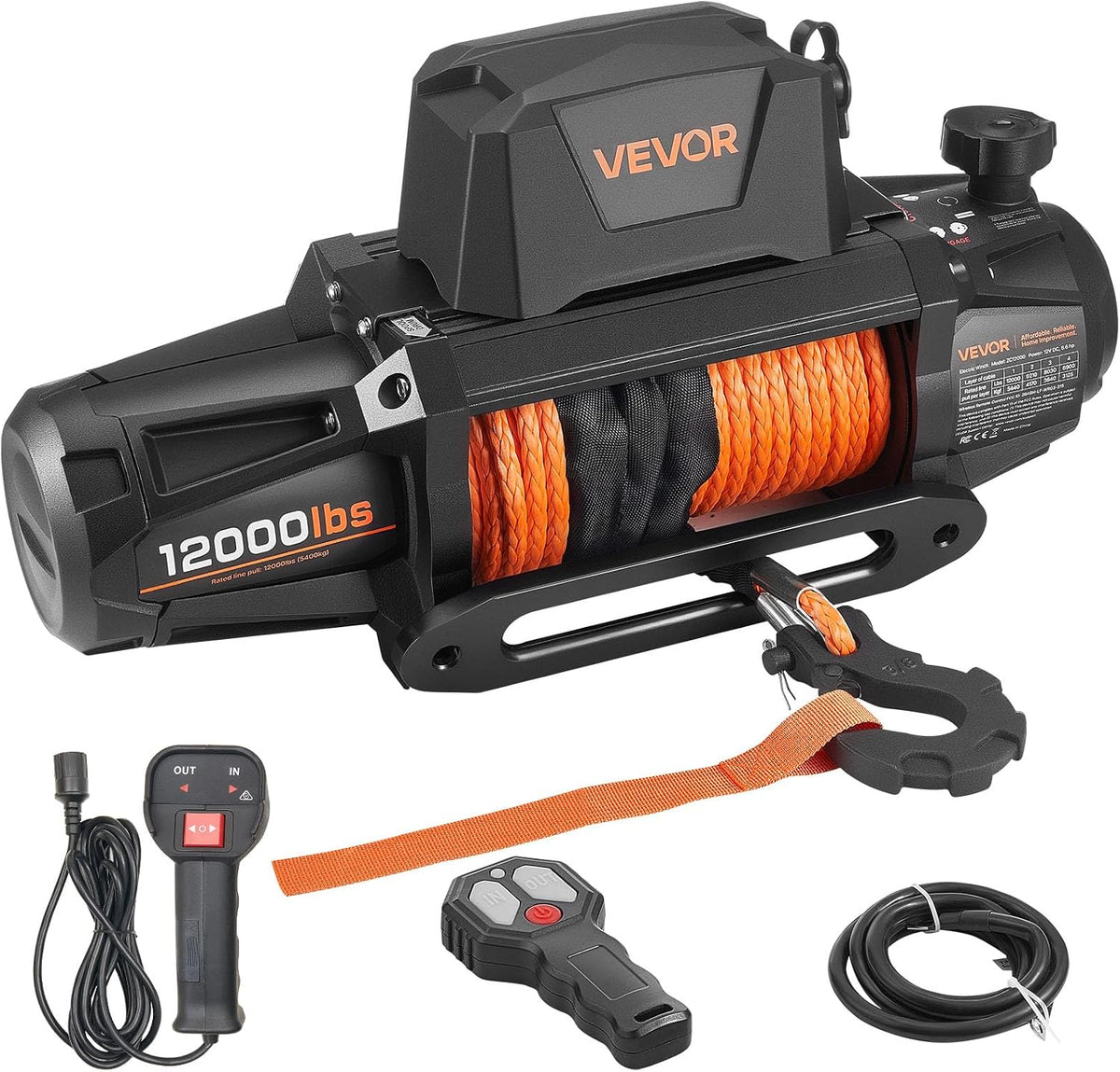 Electric Winch, 12000 lbs Load Capacity, 12V DC Truck Winch with Φ3/8 in x 92 ft Synthetic Rope, Wireless & Wired