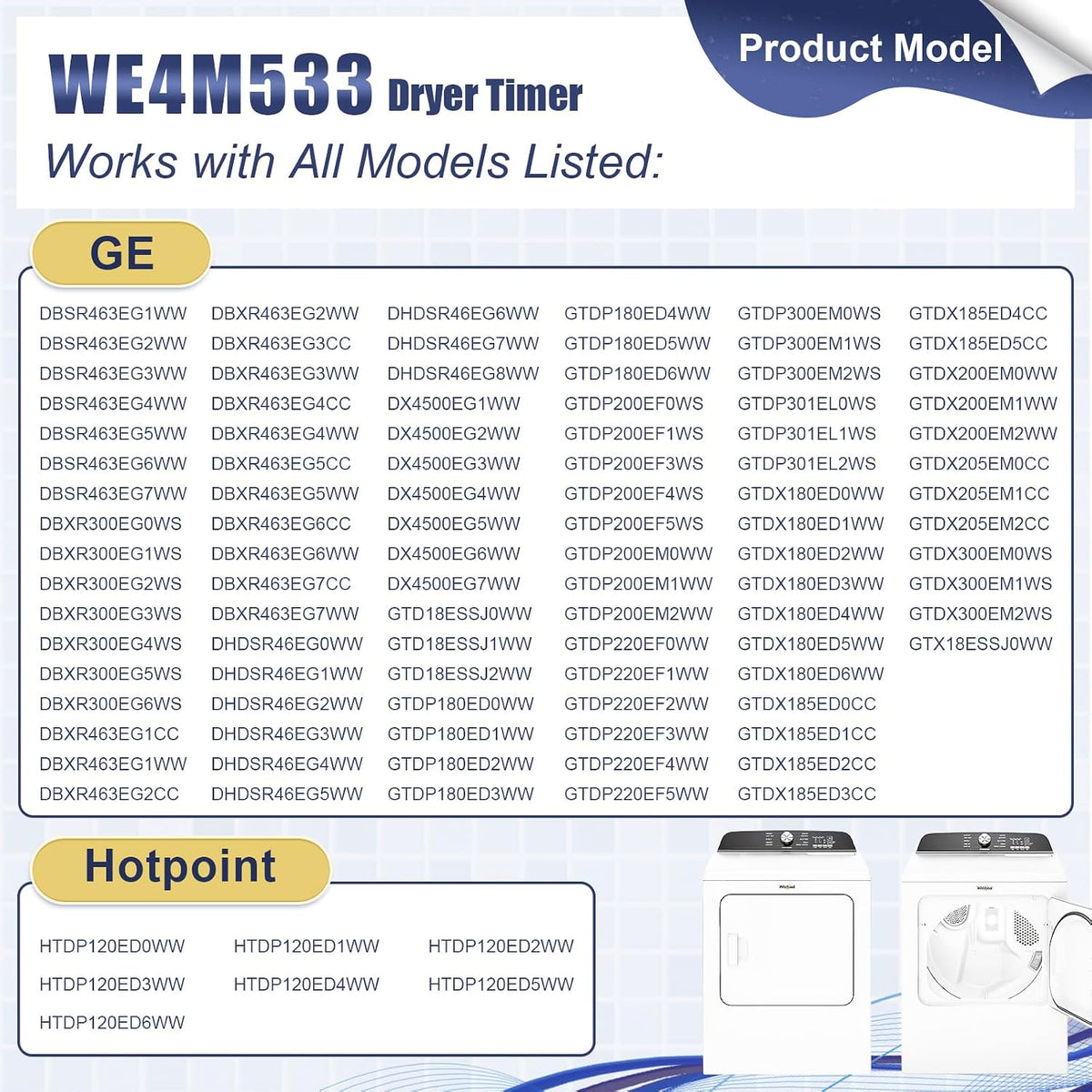 WE4M533 Dryer Timer Compatible with GE Hotpoint Dryer, Replacement Part 234D1296P005 TMD1EM03 WE04M0533 WE4M364 WE4M533-24PK 3029574 AP5780508 EAP8690648 PS8690648