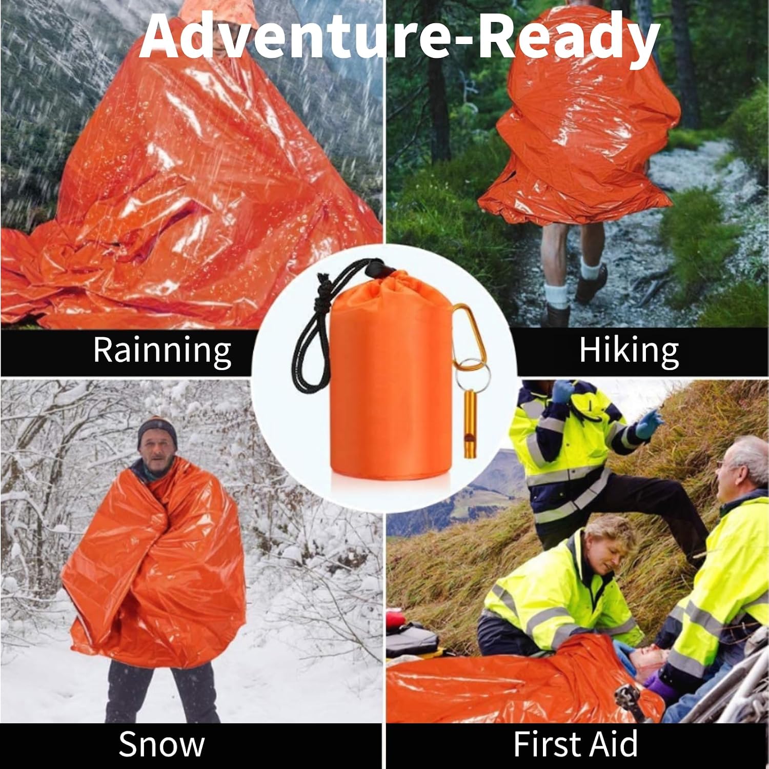 Waterproof Emergency Sleeping Bag with Whistle, 2 Pack Mylar Thermal Bivy Sack for Survival, Camping, Hiking with