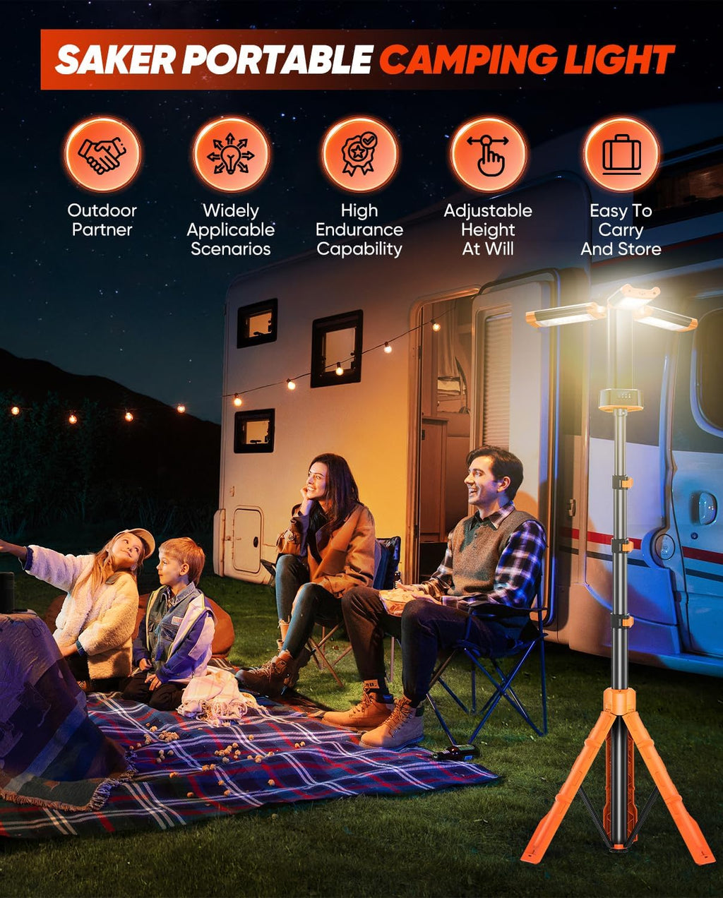 Portable Camping Light with Stand 73inch 20000mAh Rechargeable LED Work Lights 3200 Lumen 4000/6500K Emergency Lights