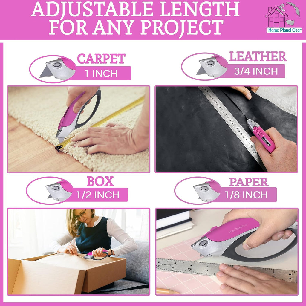 Pink Box Cutter Retractable Utility Knife - Heavy Duty Box Cutter Knife Cardboard Cutter - Box Opener Razor Blades