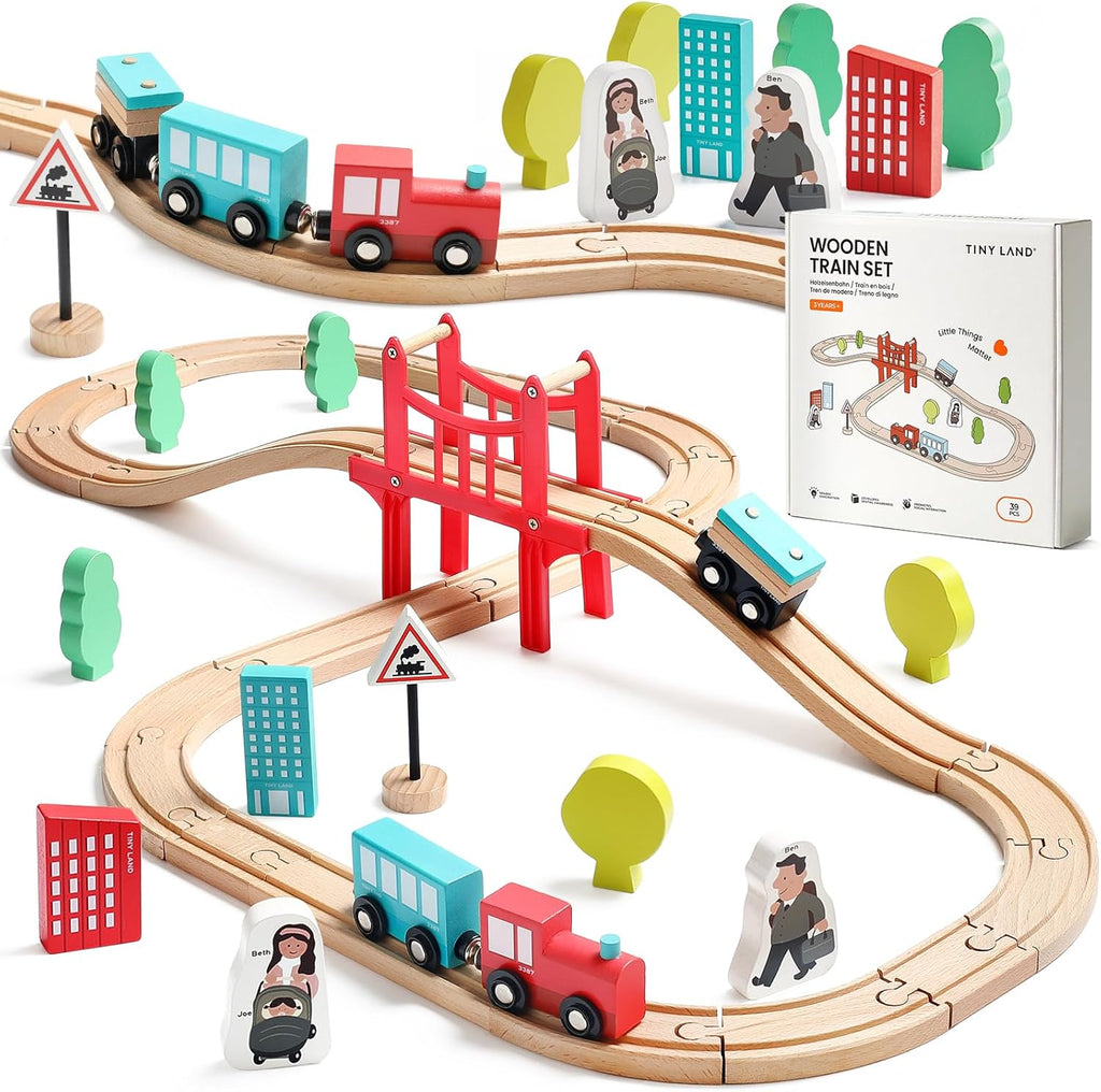 39 Pcs Wooden Train Set for Toddler with Wooden Tracks | Compatible with Major Brands, Expandable, Changeable Train