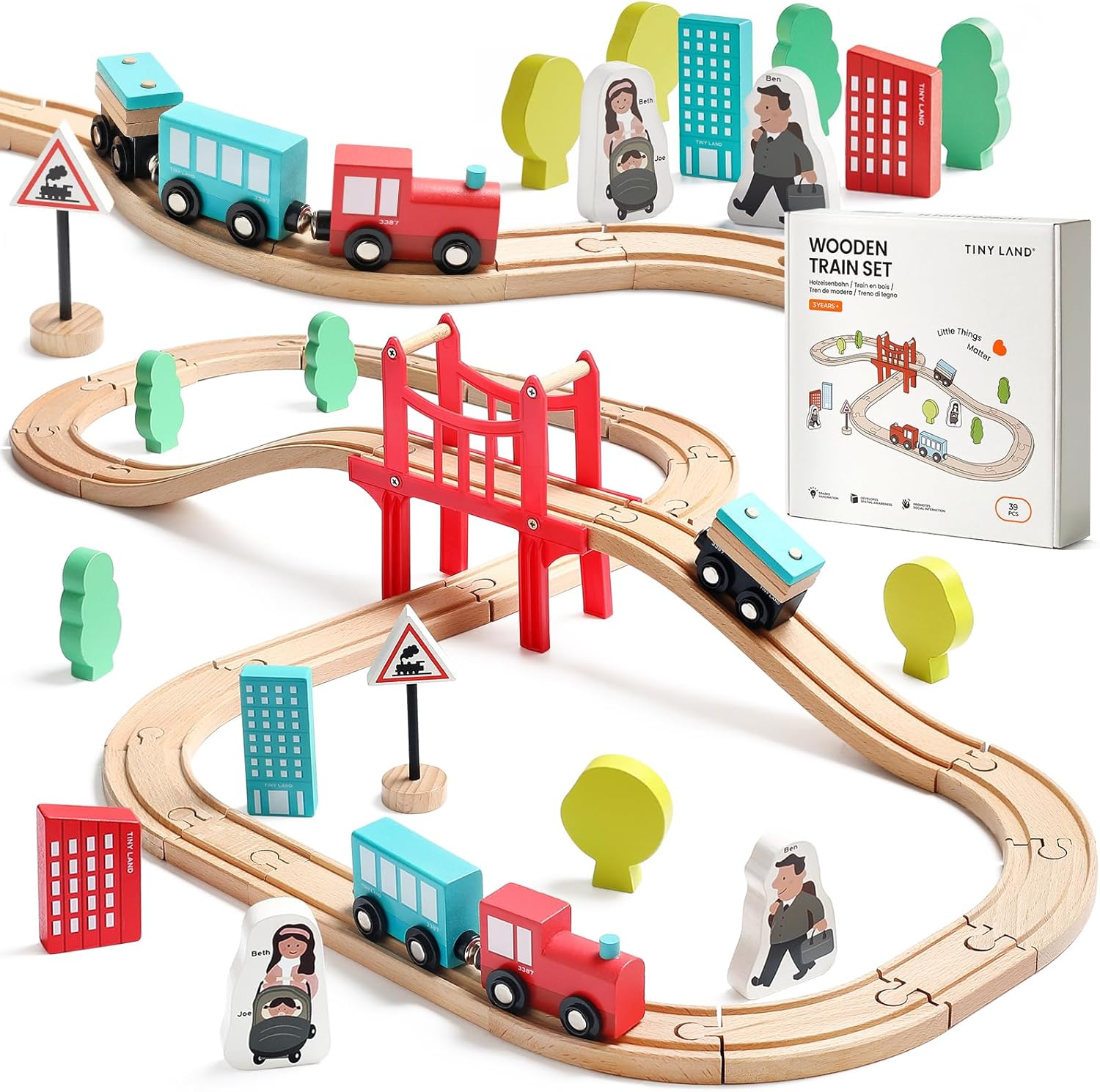 39 Pcs Wooden Train Set for Toddler with Wooden Tracks | Compatible with Major Brands, Expandable, Changeable Train