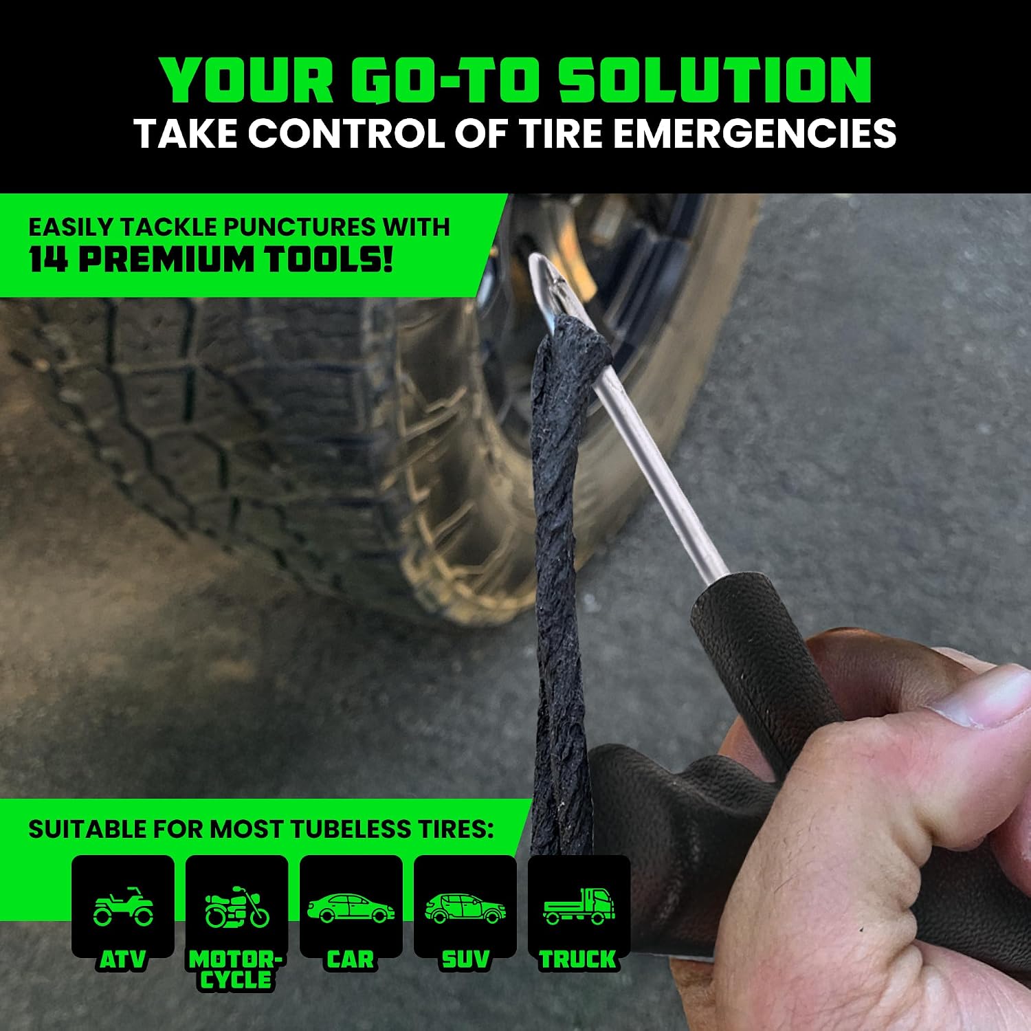 Compact Tire Repair Kit (14-Piece) – Heavy Duty Plug Set with Included Lubricant to Fix Punctures and Seal Flats –