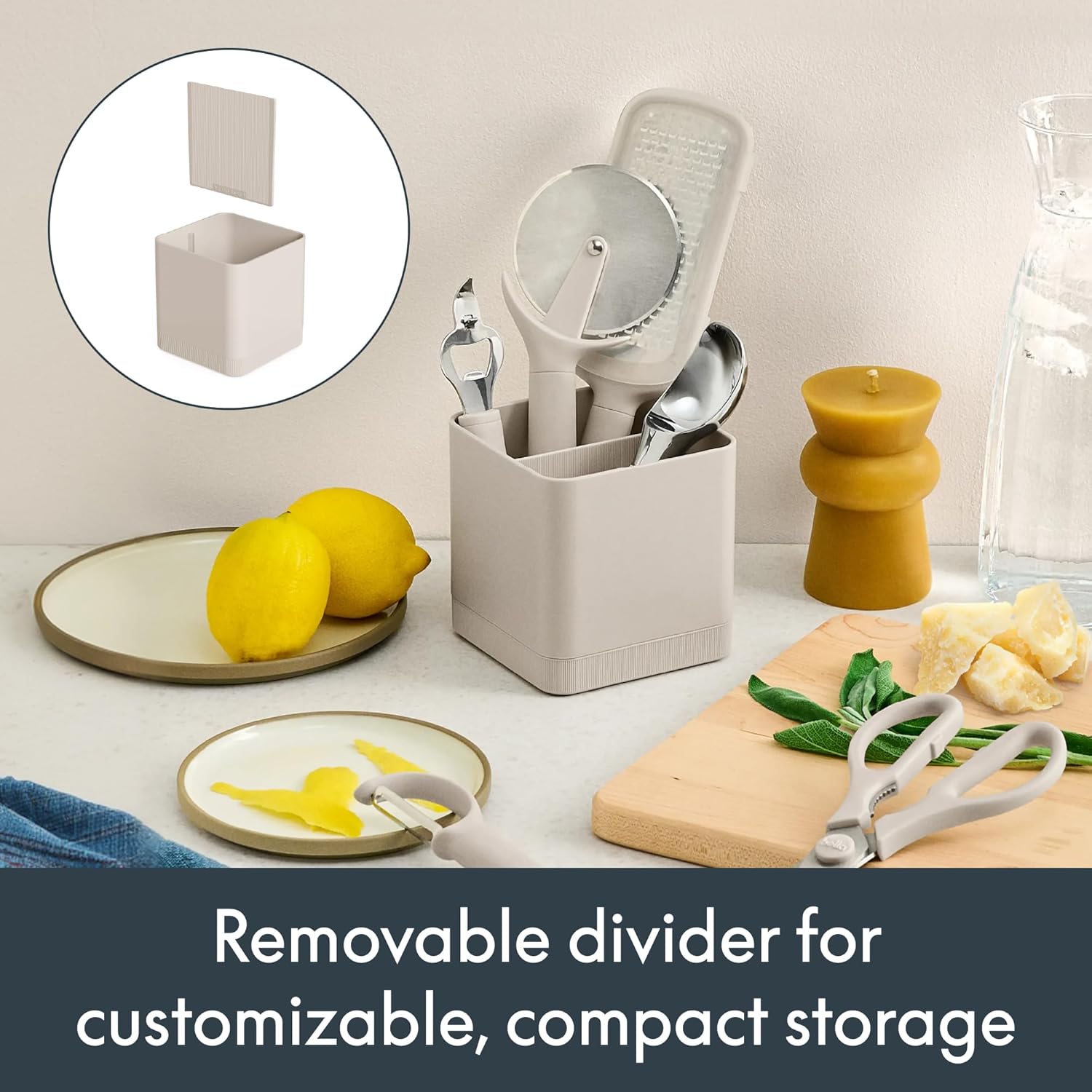 7-Piece Modular Gadget Set, Grater, Pizza Cutter, Ice Cream Scoop, Peeler, Shears, Bottle Opener, Crock with