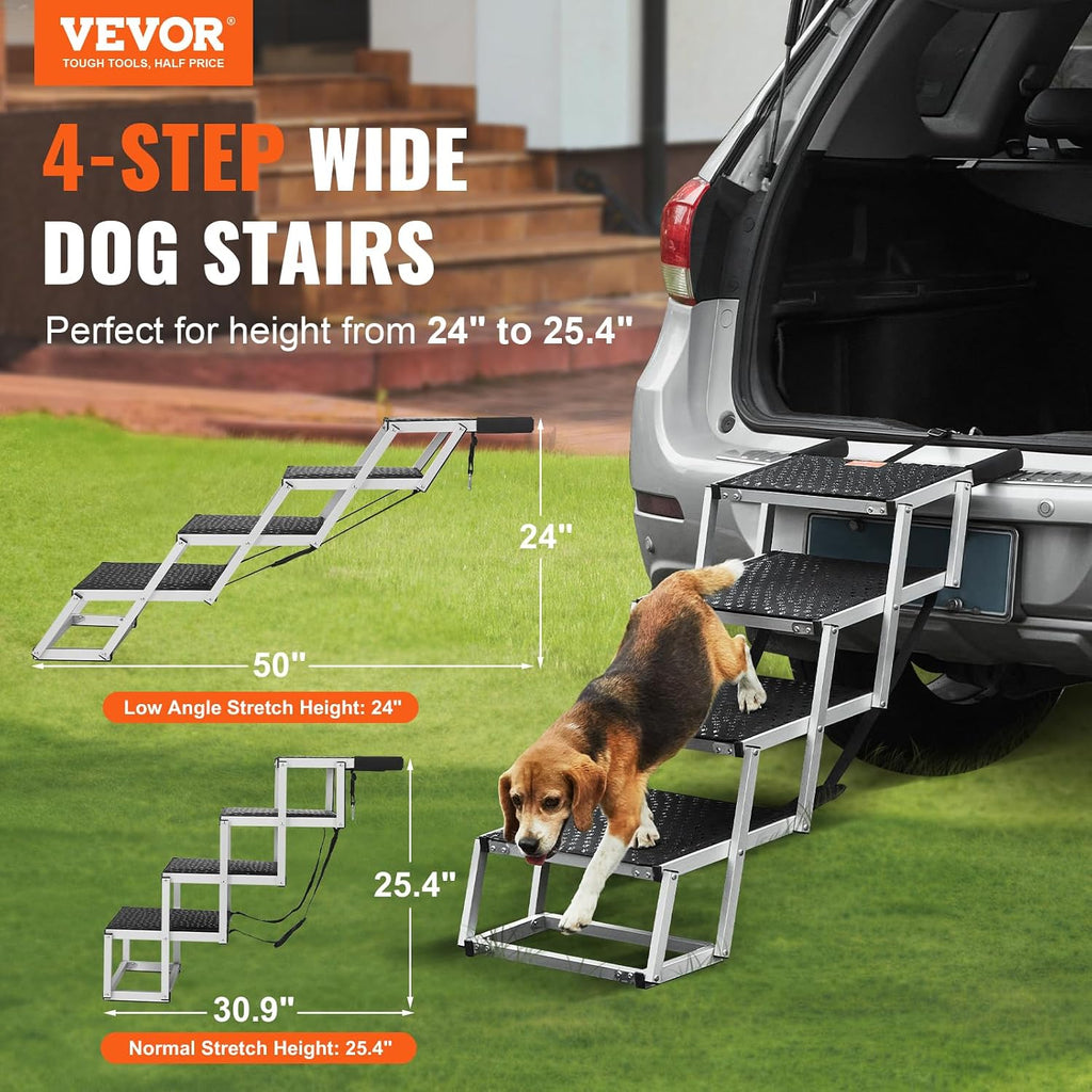 4-Step Dog Car Steps, Folding Dog Ramp with Nonslip Surface, Portable Pet Steps in Aluminum for Car, SUV and Truck