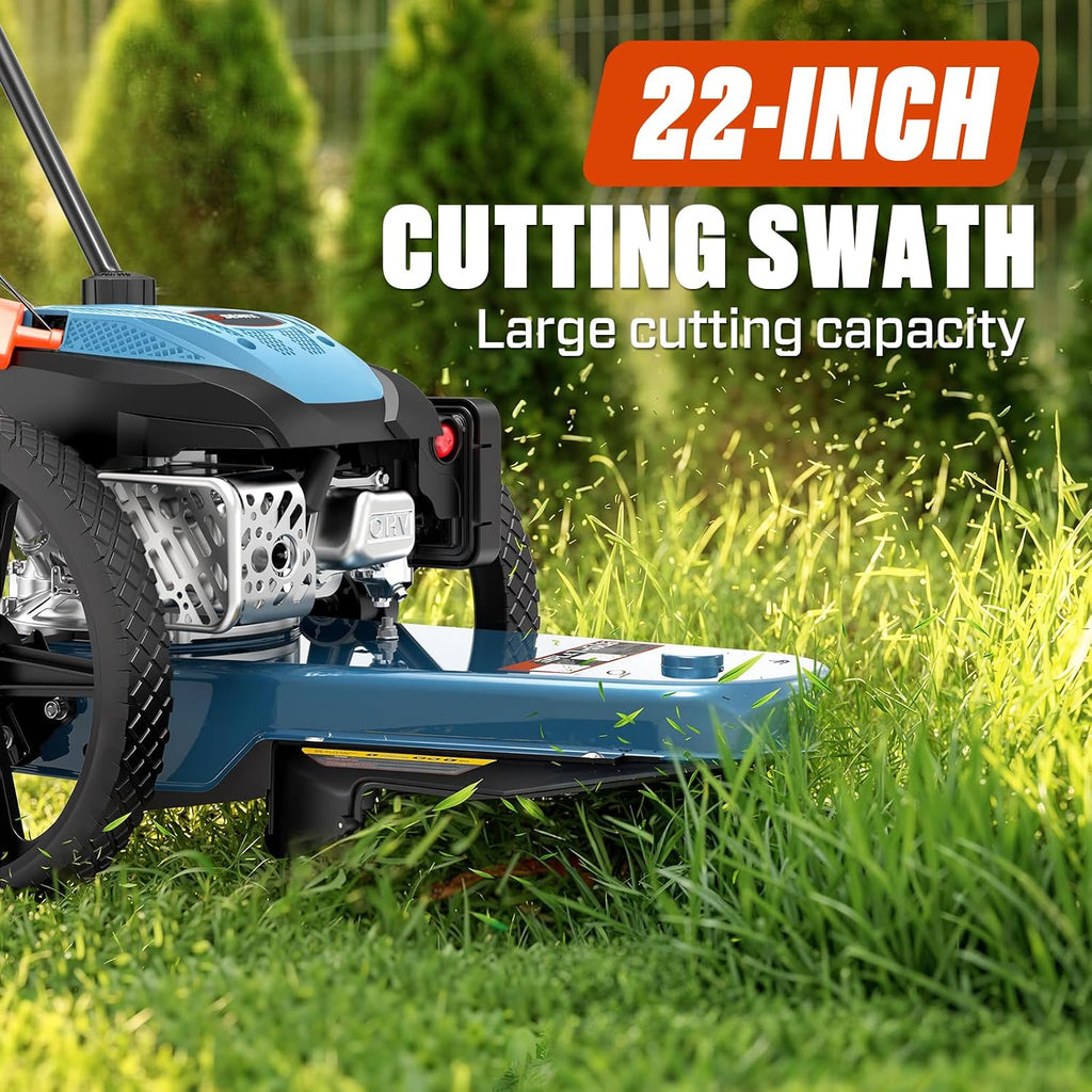22 Inch Walk Behind String Trimmer, 160cc 4-Cycle Engine Gas Brush Hog Mower with 14" Rubber High Wheels & 5-Height