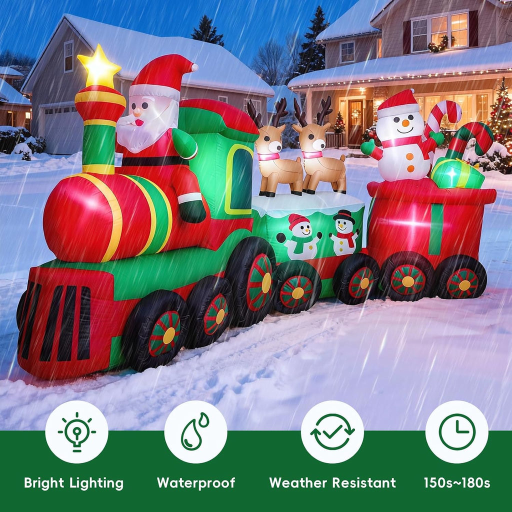 11 FT Long Christmas Inflatables Train with Santa Claus Reindeer Snowman Outdoor Decorations Blow Up Yard with