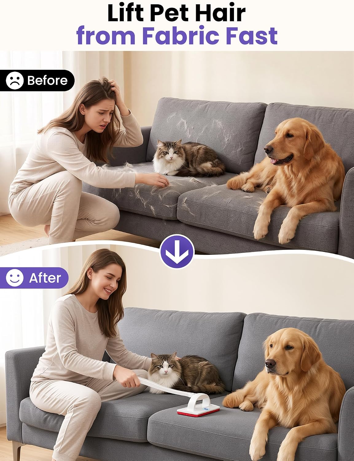 Reusable Pet Hair Remover Brush for Furniture, Dog & Cat Fur Remover