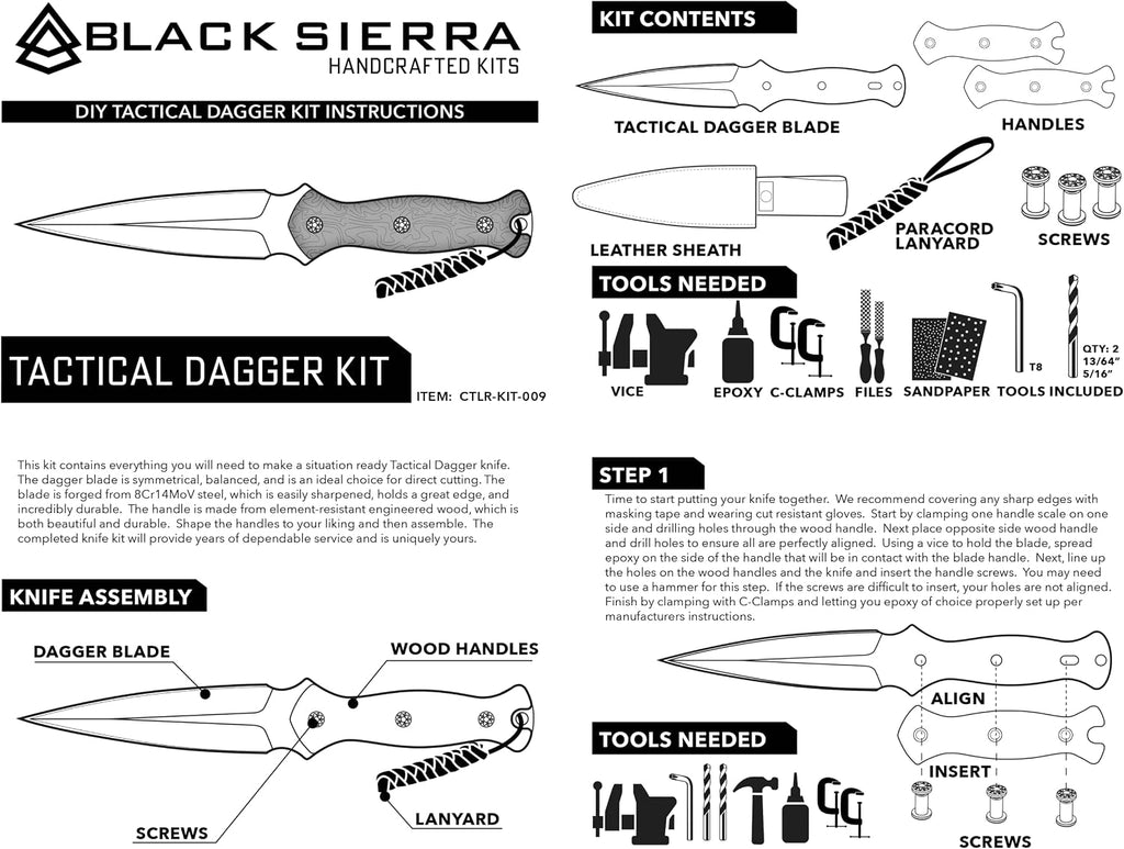 Black Sierra DIY Tactical Dual Edge Knife Making Kit, Build Your Own Fixed Stainless Steel Blade with Leather Sheath